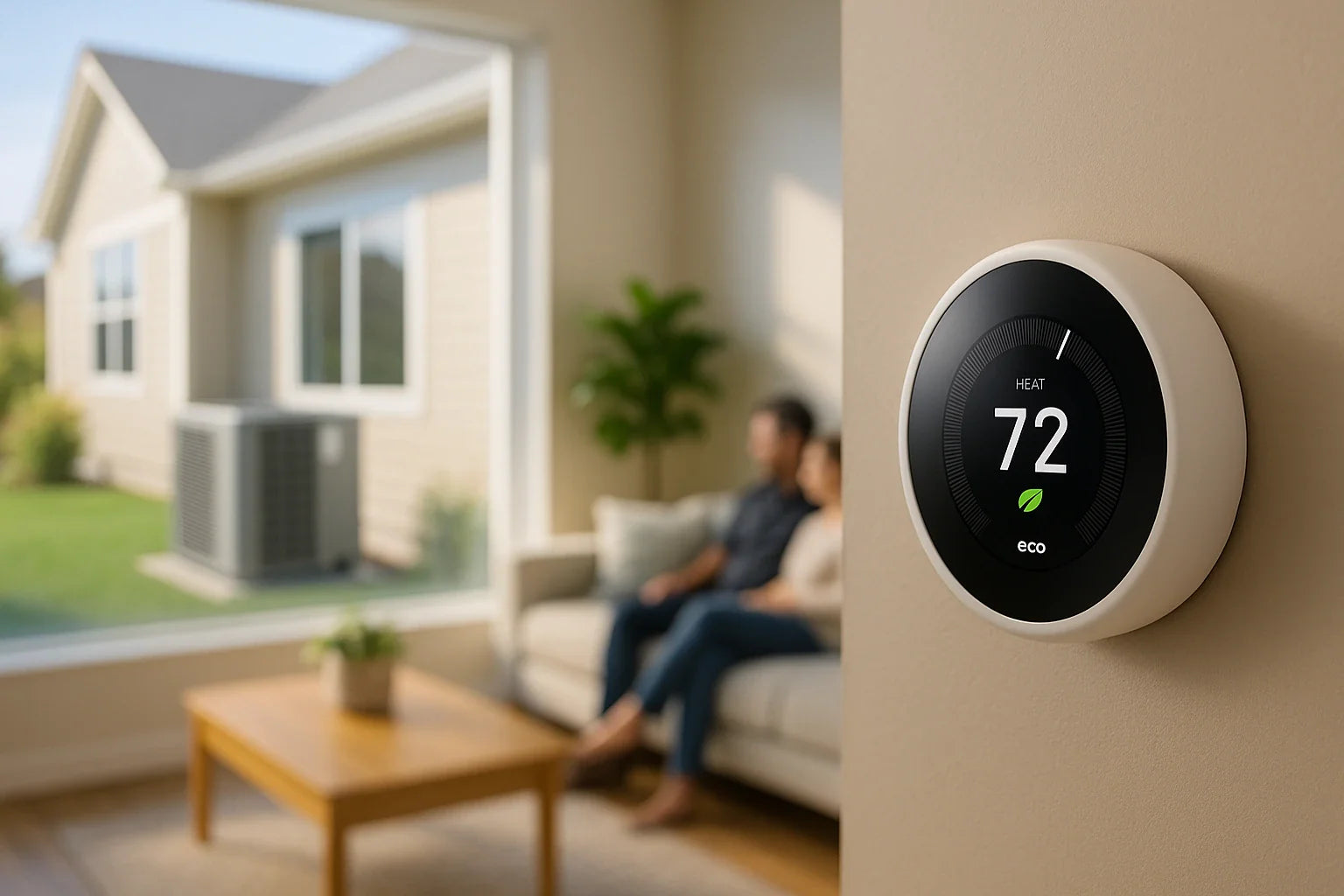 Sunlit living room with smart thermostat and outdoor heat pump visible through window, conveying trustworthy, energy-efficient home heating and cooling.