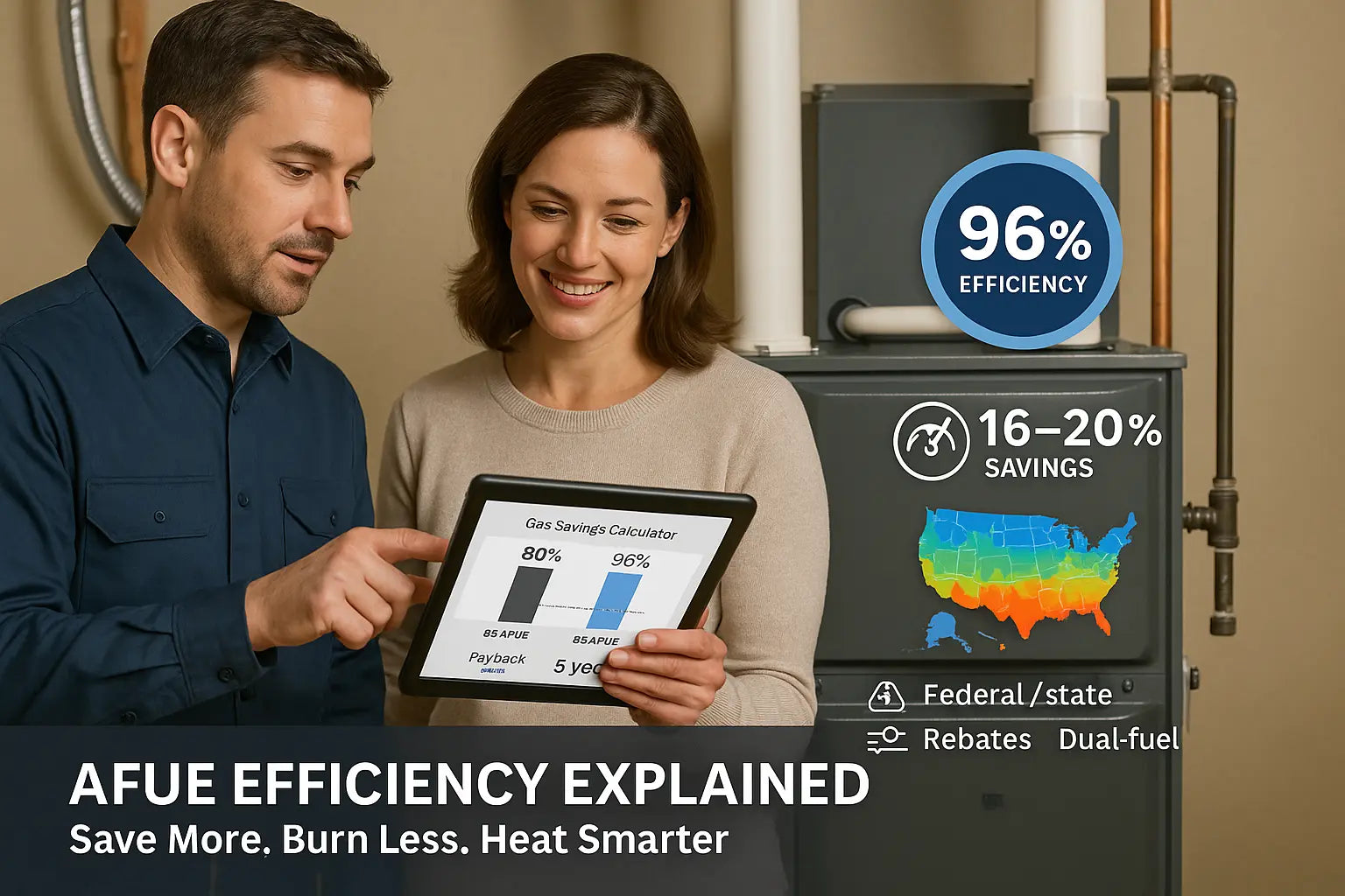 Technician and homeowner review 96% AFUE gas furnace savings on a tablet beside a modern furnace system.