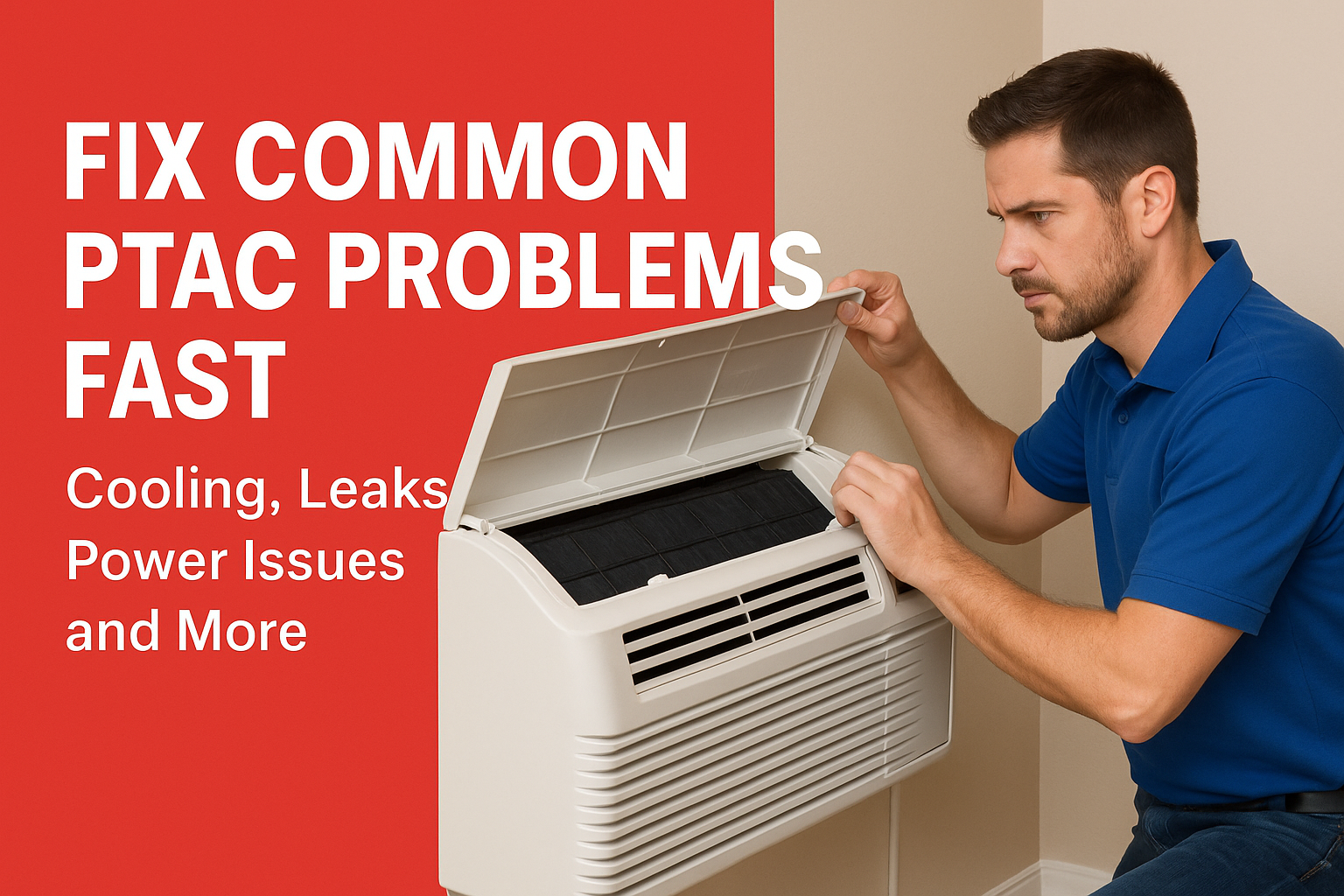 Technician inspecting a wall-mounted PTAC unit for common issues like cooling failure and leaks, following The Furnace Outlet’s maintenance branding style.