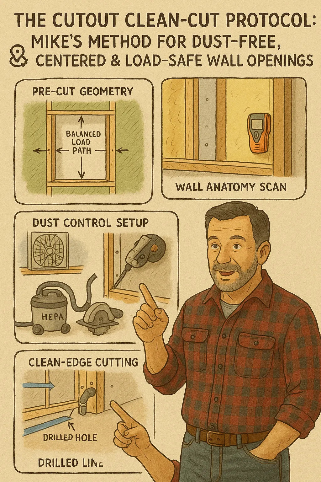 The Cutout Clean-Cut Protocol Mike’s Method for Dust-Free, Centered & Load-Safe Wall Openings
