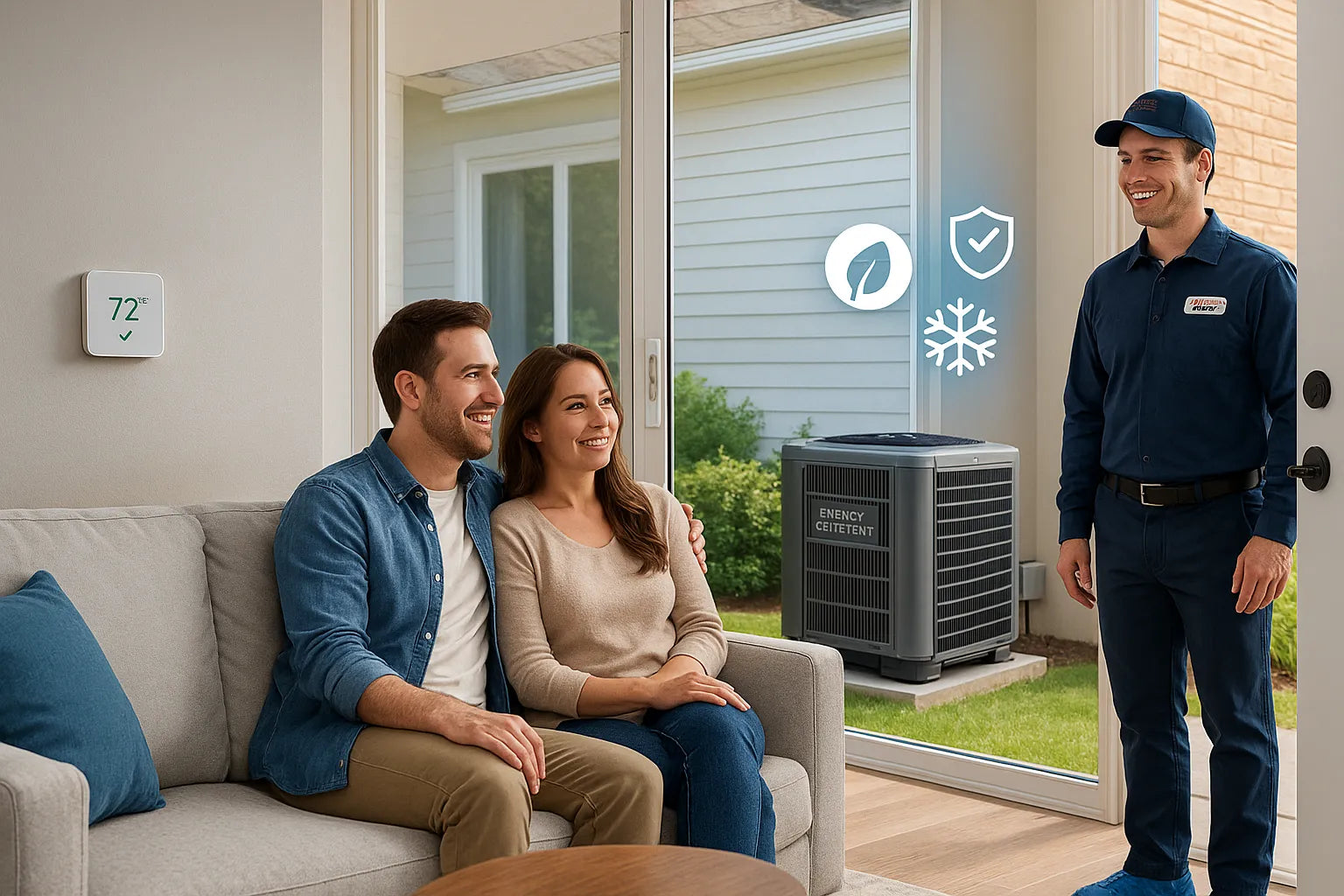 The Furnace Outlet hero image showing a friendly technician, comfortable living room, and energy-efficient heat pump outside.