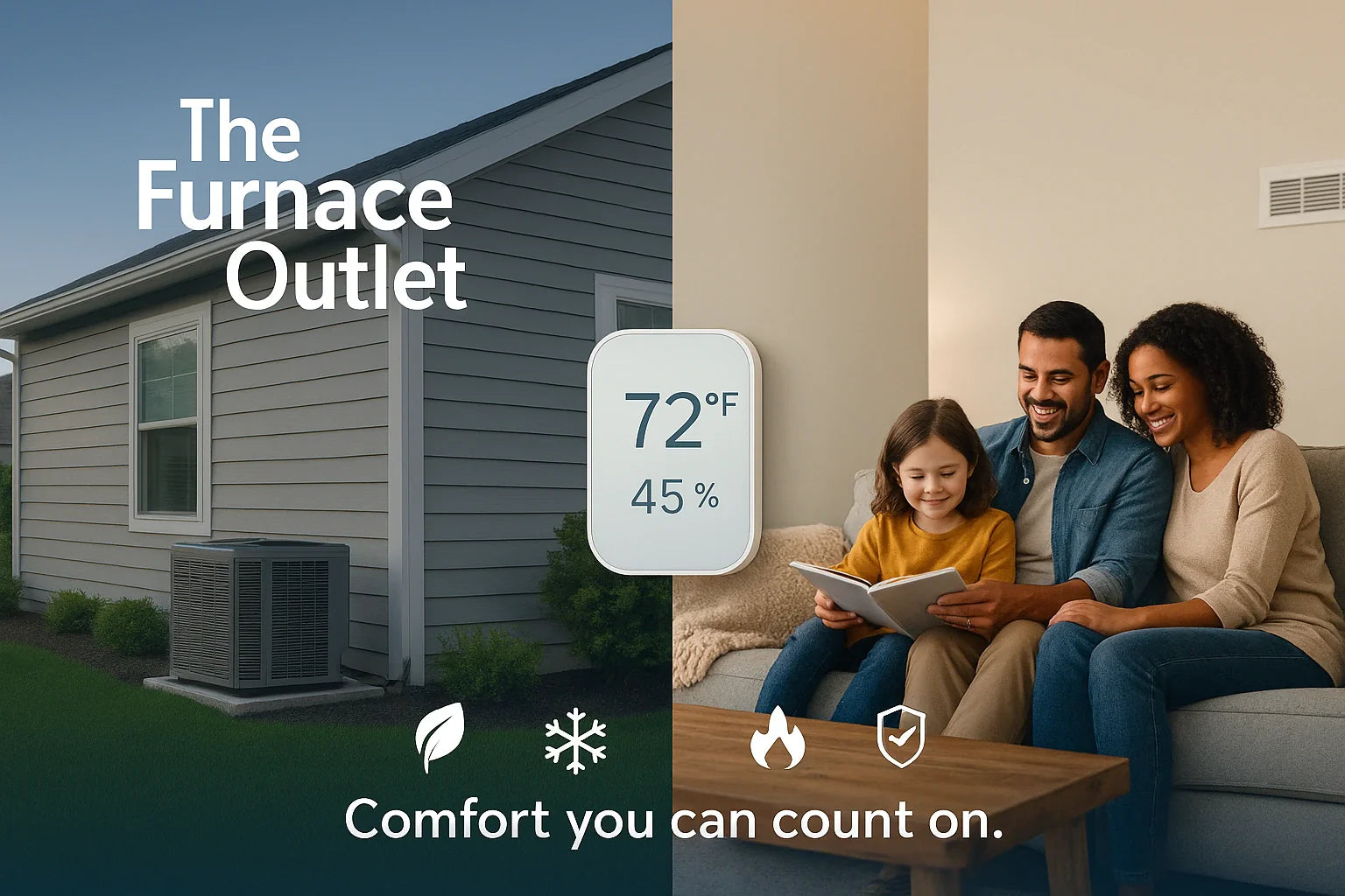The Furnace Outlet hero modern heat pump outside a suburban home and a family relaxing indoors with a thermostat at 72°F and 45% RH, conveying efficient, reliable comfort.
