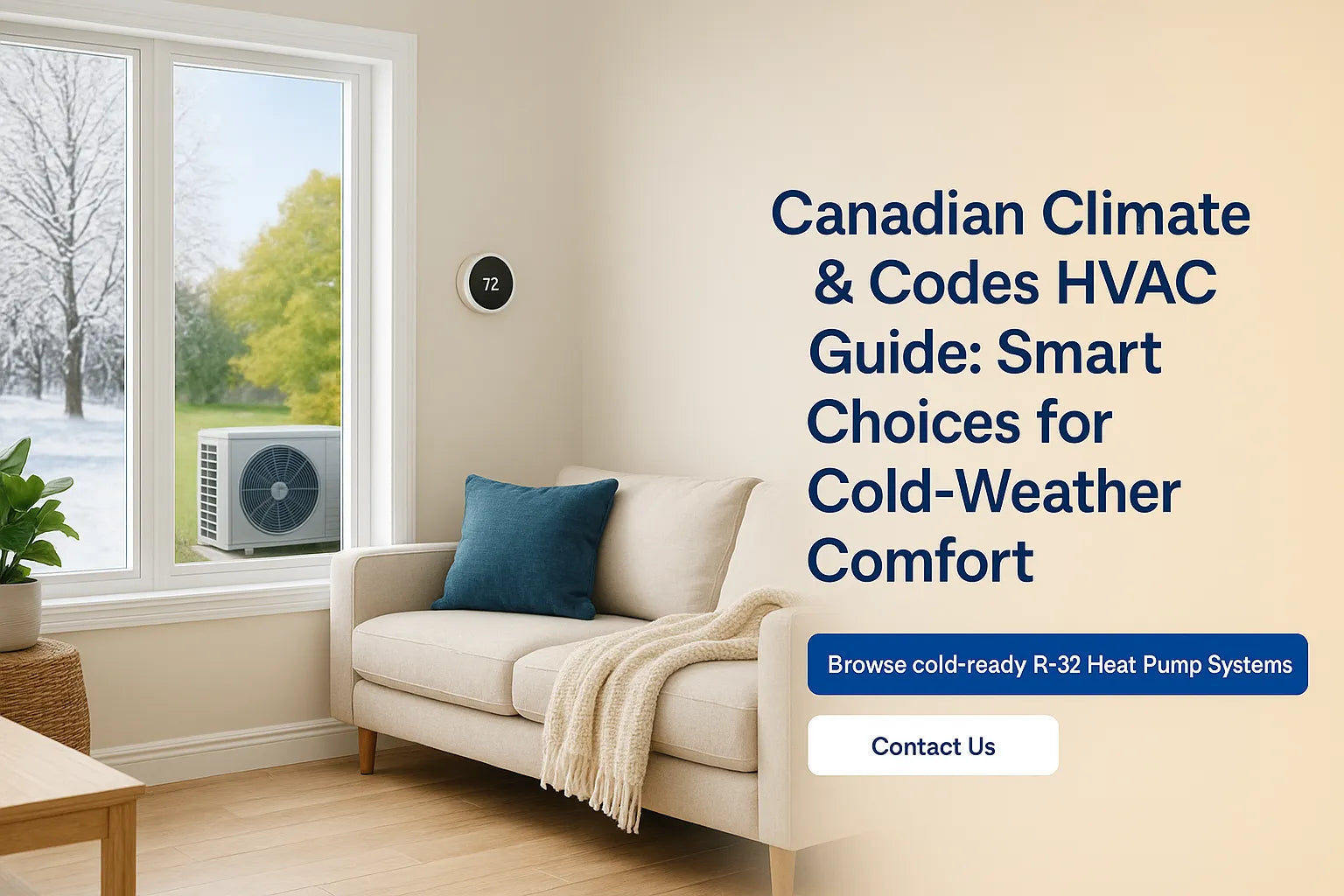 The Furnace Outlet hero showing a cozy living room with a visible outdoor heat-pump and winter-to-summer window view, conveying efficient, reliable home heating and cooling.