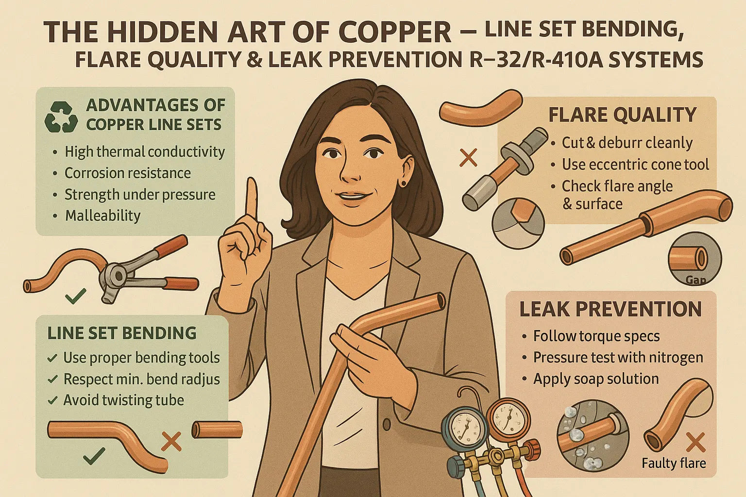The Hidden Art of Copper β Line Set Bending, Flare Quality & Leak Prevention for R-32/R-410A Systems