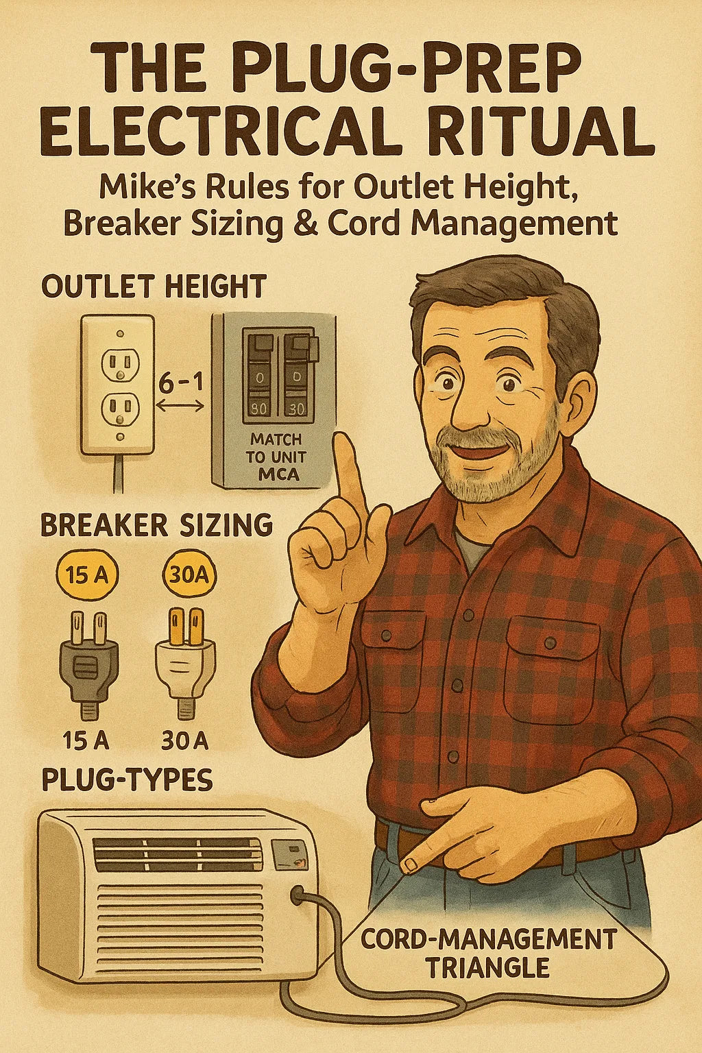 The Plug-Prep Electrical Ritual Mike’s Rules for Outlet Height, Breaker Sizing & Cord Management