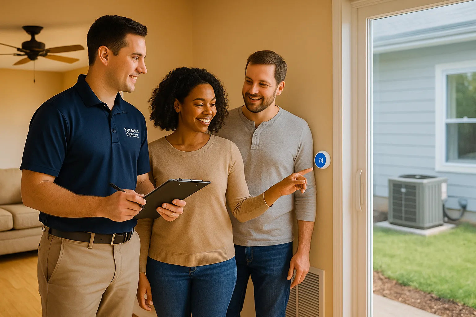 Trusted residential HVAC—technician guiding homeowners on an energy-efficient heating and cooling setup in a U.S. home.