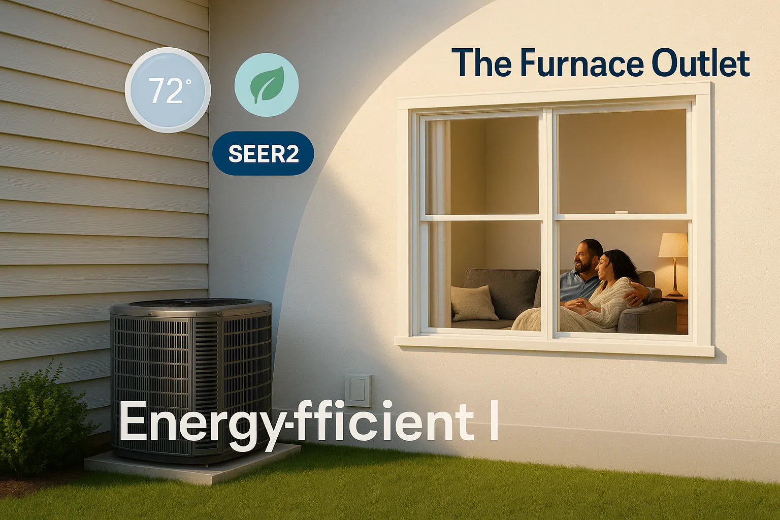 U.S. suburban home hero image showing an outdoor AC condenser and a cozy living room, conveying reliable, energy-efficient heating and cooling from The Furnace Outlet.