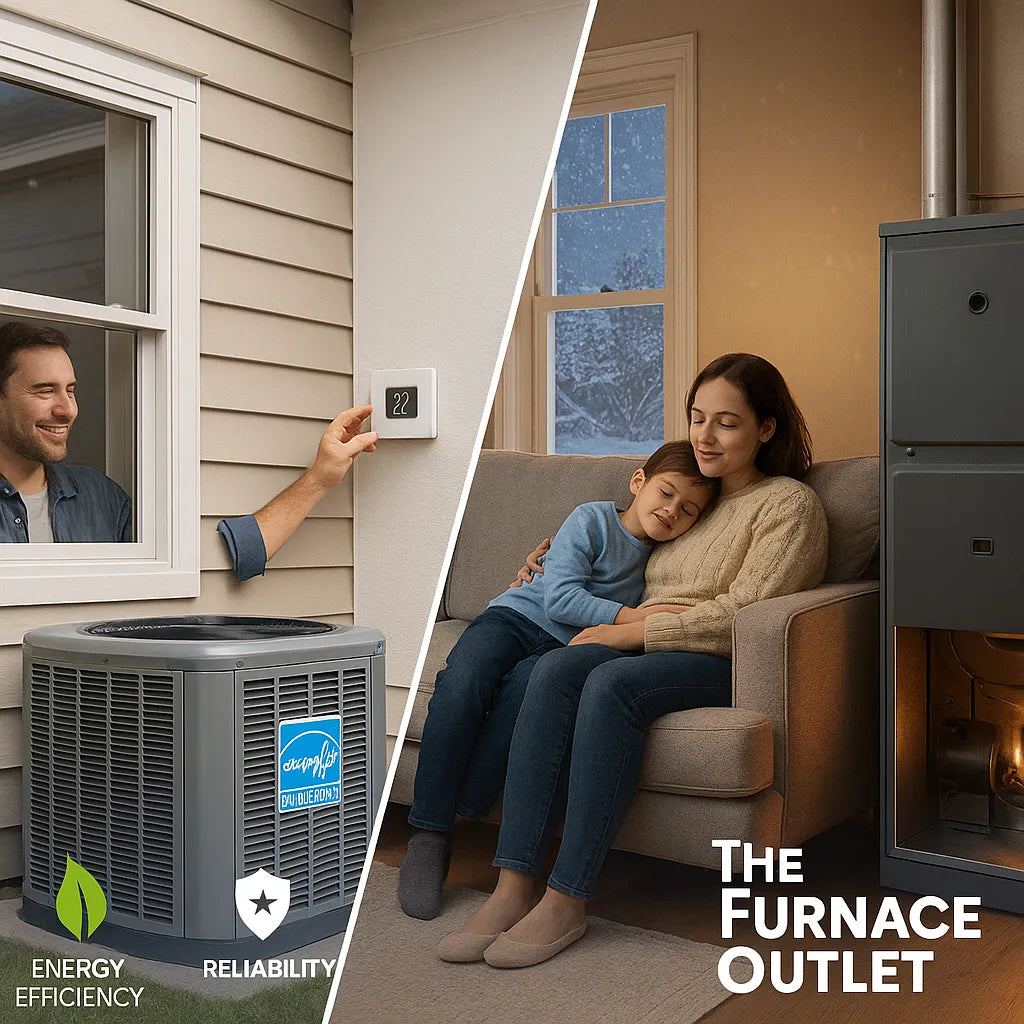 U.S. suburban home hero showing summer–winter split with smart thermostat, efficient heat pump and furnace comfort, efficiency, reliability.