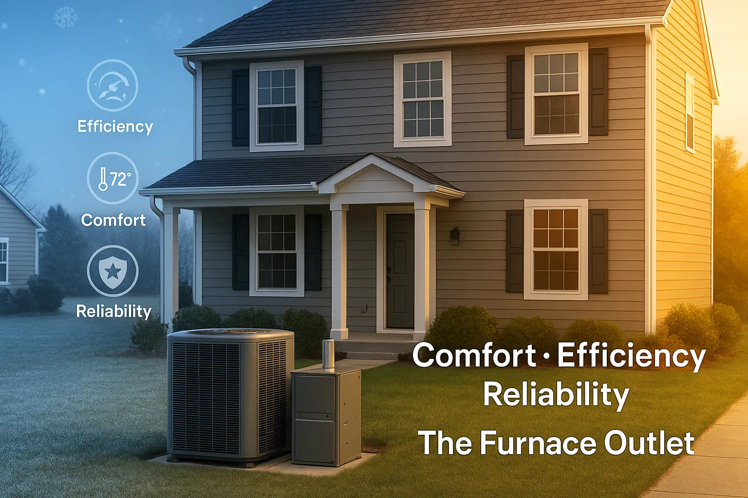 U.S. suburban home hero showing summer–winter split with smart thermostat, efficient heat pump and furnace comfort, efficiency, reliability.