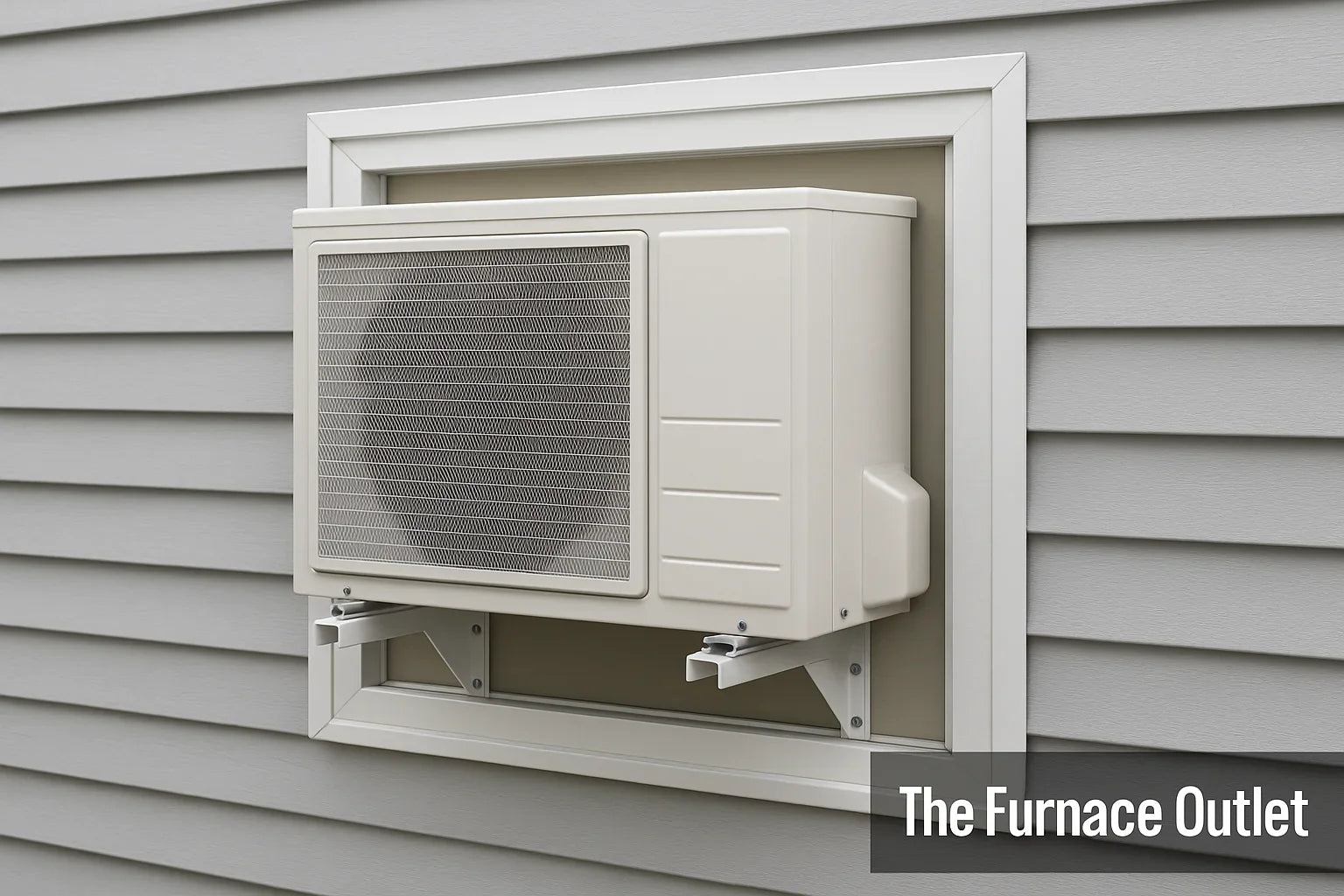 Wall-mounted AC unit with secure brackets and weather sealing on gray siding.