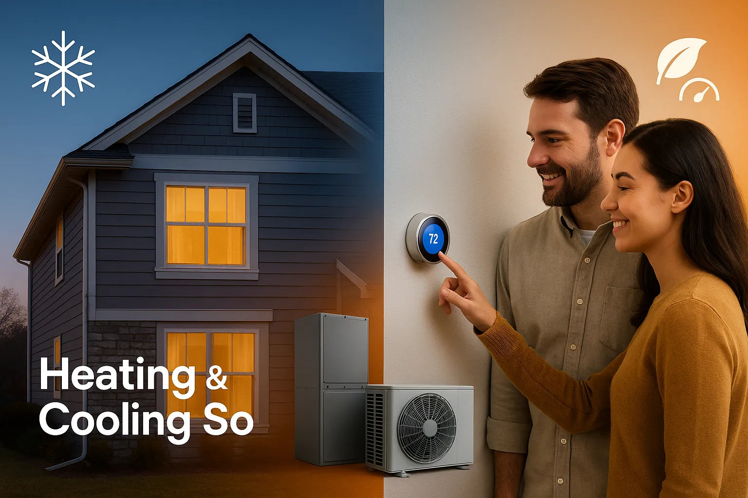 Warm–cool split scene of a real U.S. home with homeowners adjusting a smart thermostat and high-efficiency HVAC units, conveying trustworthy, energy-efficient comfort.