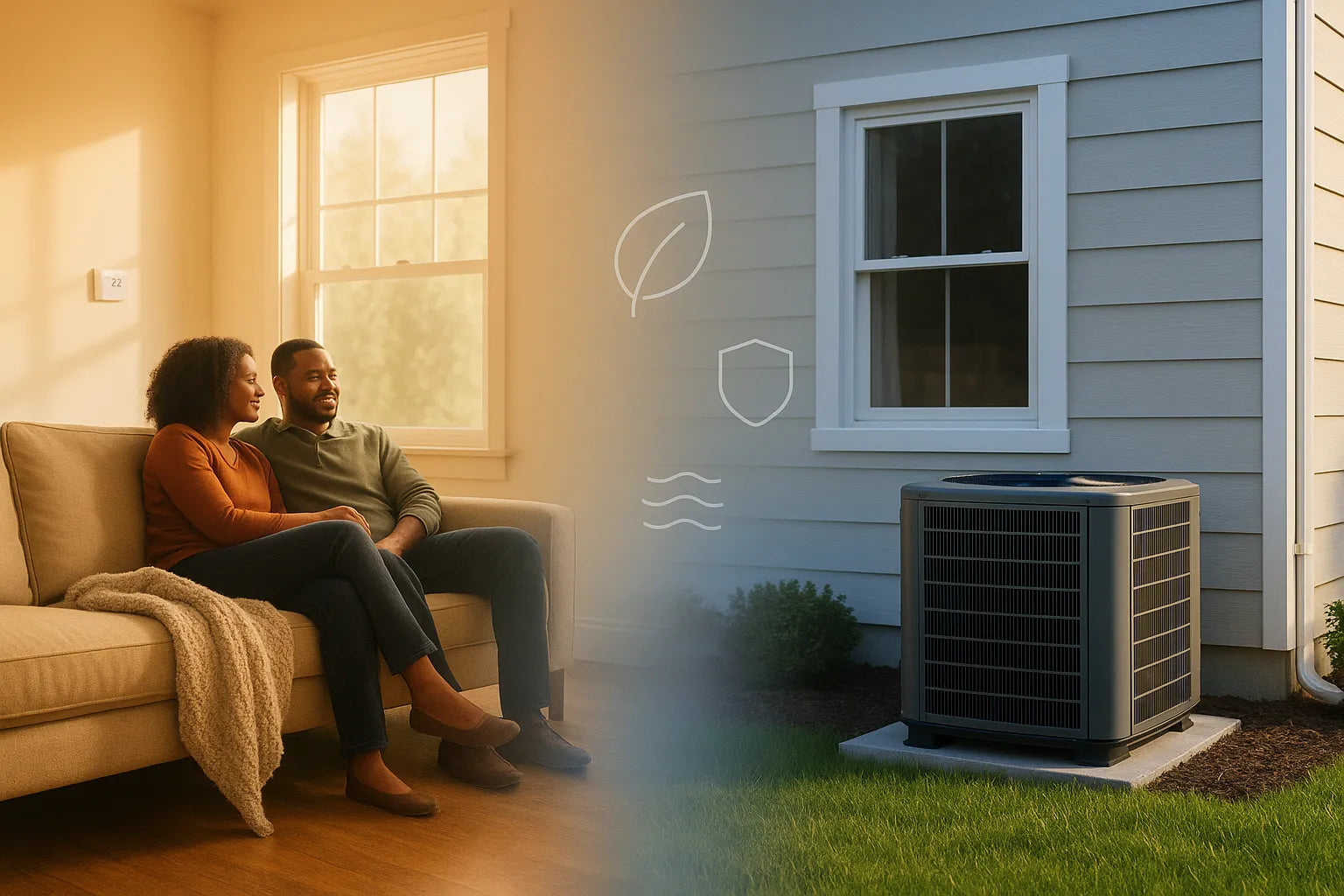 Warm living room and tidy home exterior with energy-efficient AC condenser, conveying reliable heating and cooling for The Furnace Outlet.