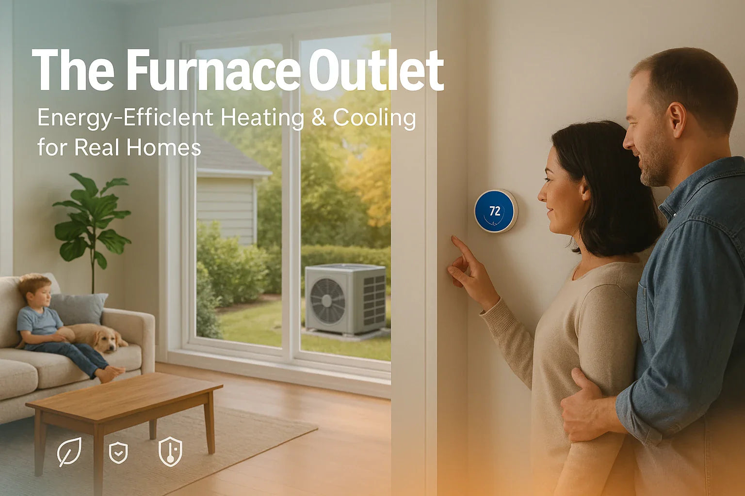 Warm living room with a couple adjusting a smart thermostat and a heat-pump unit visible outside—trustworthy, energy-efficient home comfort by The Furnace Outlet.