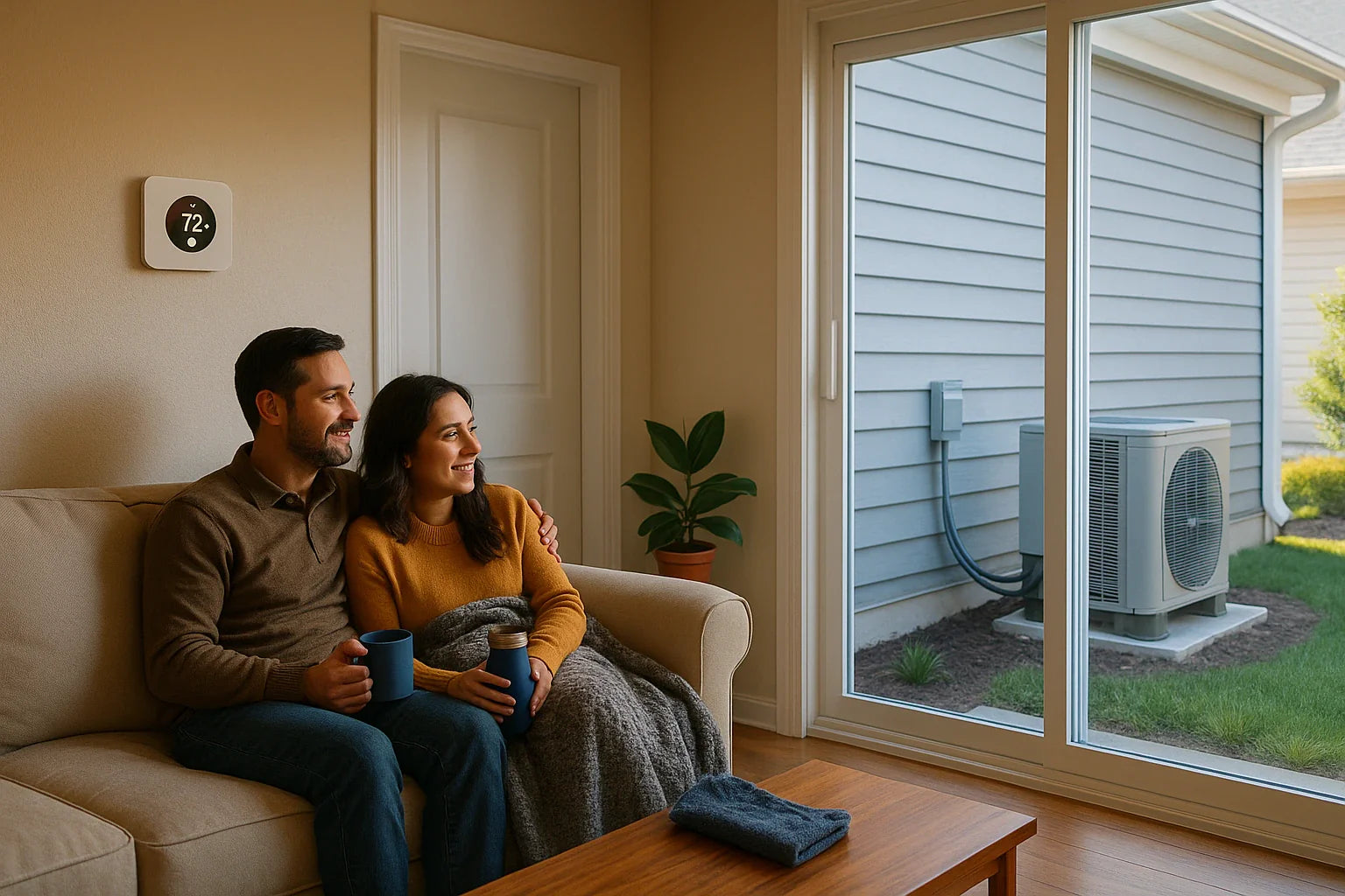 Warm living room with smart thermostat and outdoor heat pump visible through window, conveying efficient, reliable home comfort for The Furnace Outlet.