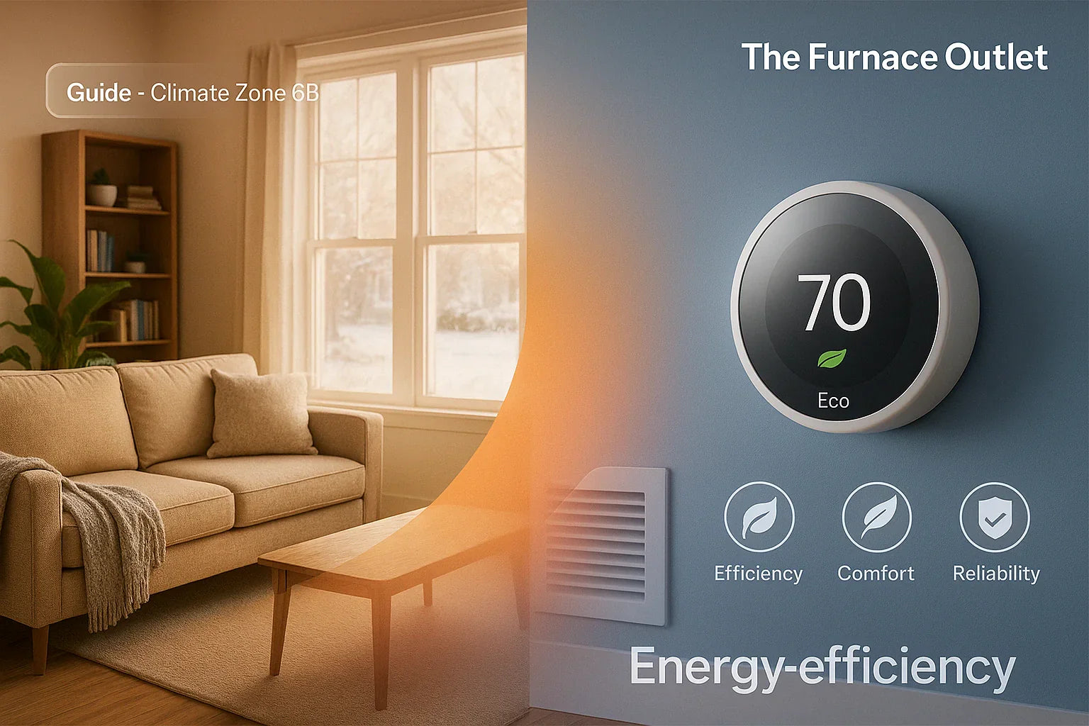 Warm living room with smart thermostat and subtle heatingcooling icons, conveying energy-efficient, reliable comfort for The Furnace Outlet.