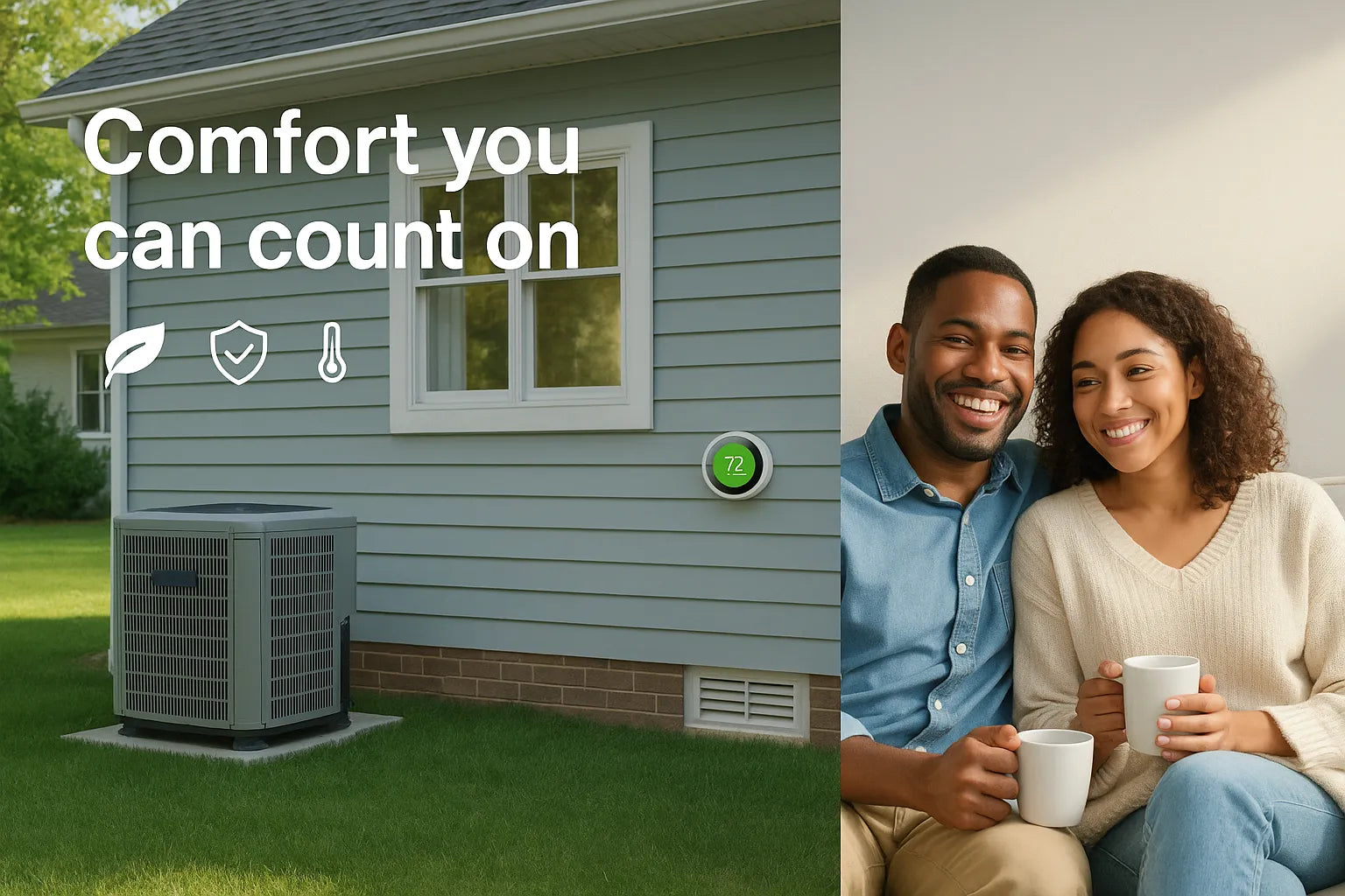 Warm, modern U.S. home with energy-efficient heat pump outside and a relaxed couple indoors—clean, trustworthy residential HVAC hero (1200×800).