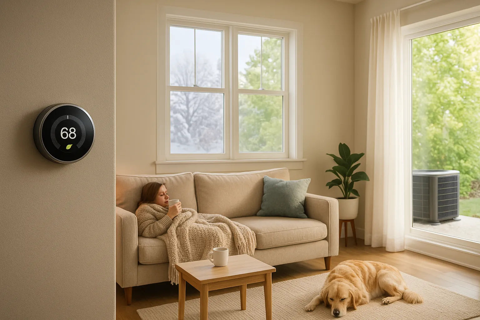 Warm, real-life living room with smart thermostat and AC unit outside, showing The Furnace Outlet’s energy-efficient heating and cooling for homeowners.