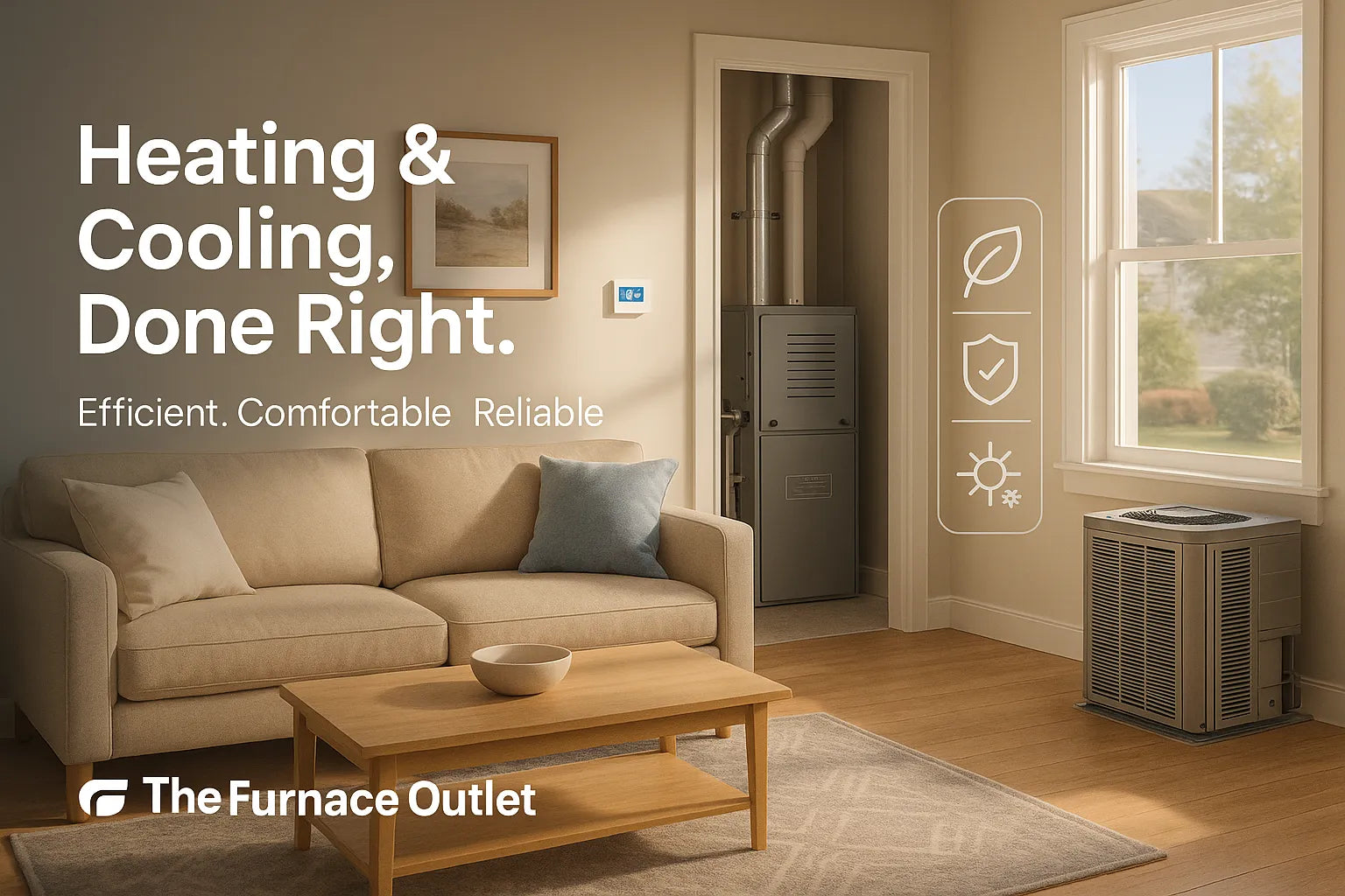Warm, sunlit living room in a U.S. home with visible furnace closet and outdoor condenser, conveying efficient, reliable heating and cooling by The Furnace Outlet.