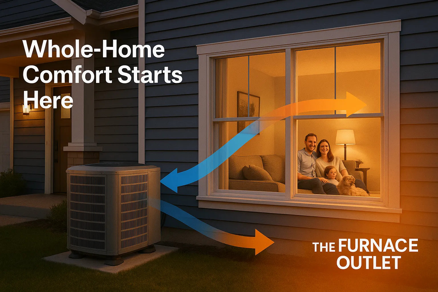Warm‑toned photo of a suburban home with an energy‑efficient heat‑pump unit outside and a smiling family inside, illustrating The Furnace Outlet’s
