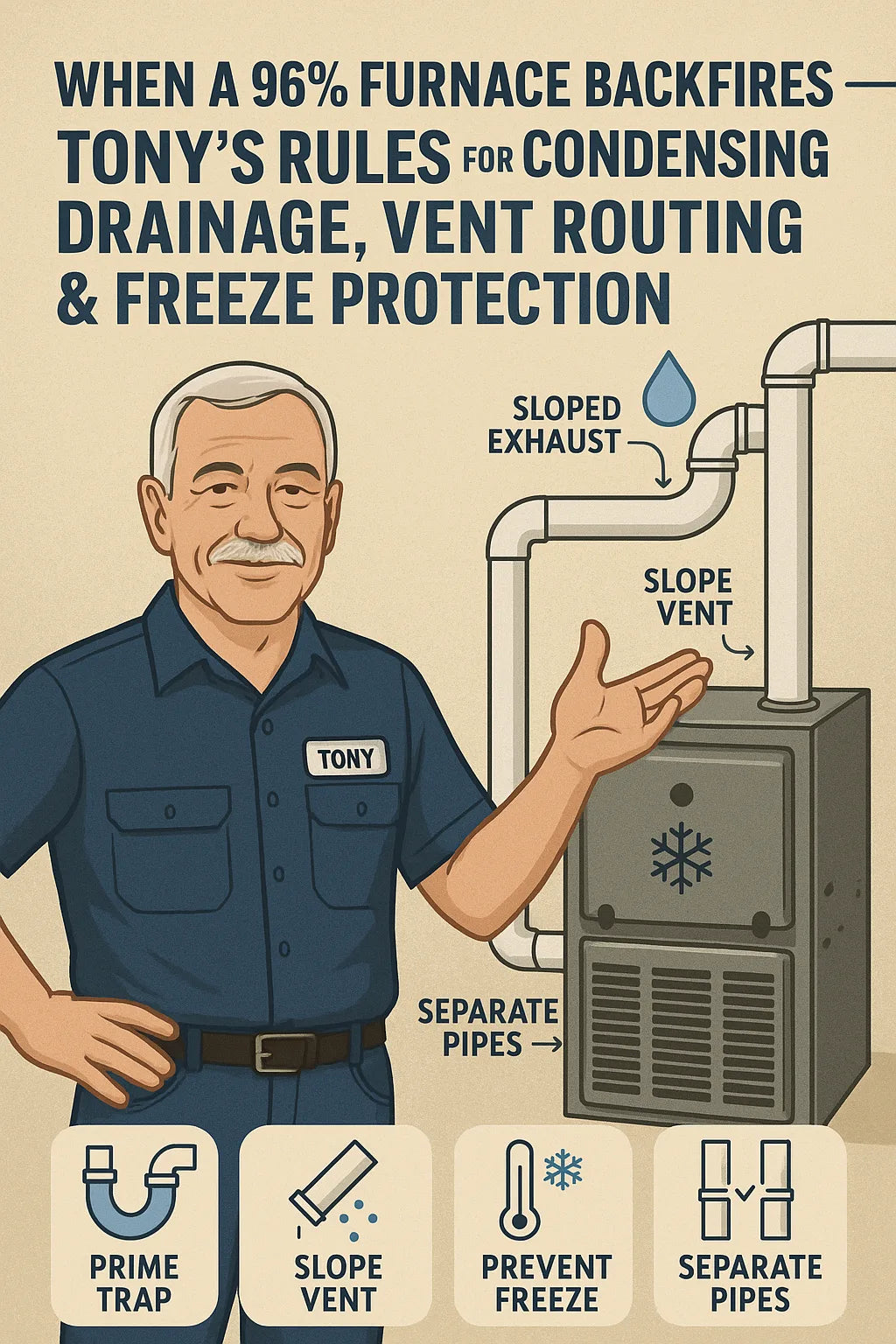 When a 96% Furnace Backfires — Tony’s Rules for Condensing Drainage, Vent Routing & Freeze Protection