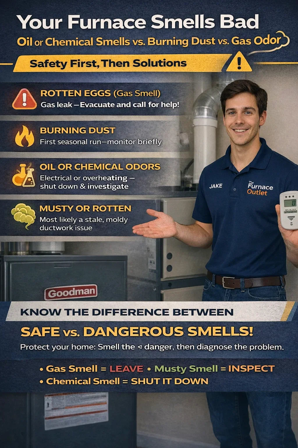 Your Furnace Smells Bad, Oilchemical smells vs. burning dust vs. gas odor — Safety First, Then Solutions