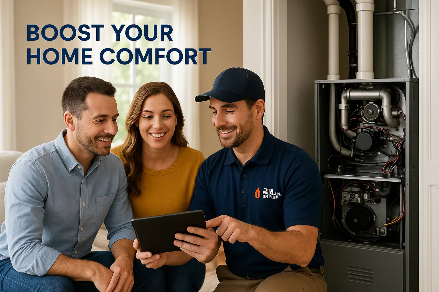 Homeowners sitting with a friendly HVAC technician reviewing energy-saving options on a tablet beside an open high-efficiency furnace, in a bright living room.