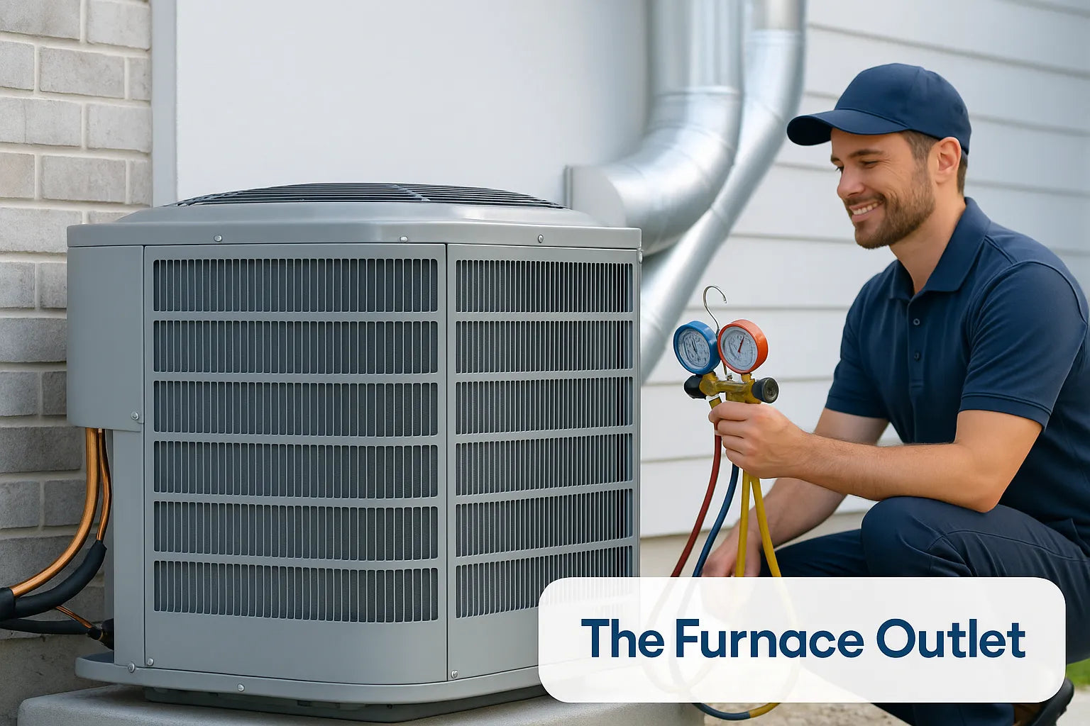 central air installation hero showing a modern outdoor condenser and a clean branded logo in the corner