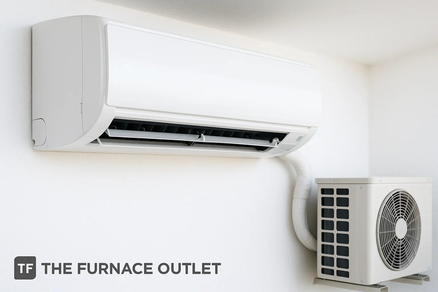 clean white wall mounted mini split air conditioner with outdoor condenser unit