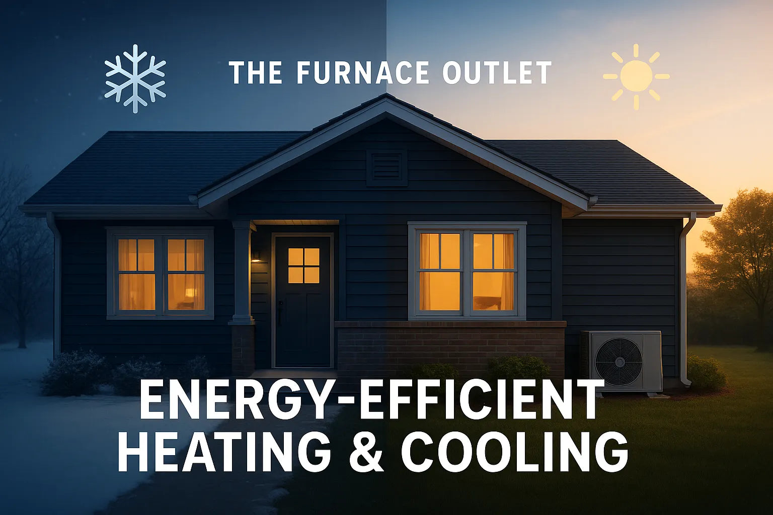Split-scene suburban home illustrating energy-efficient heating and cooling for The Furnace Outlet.