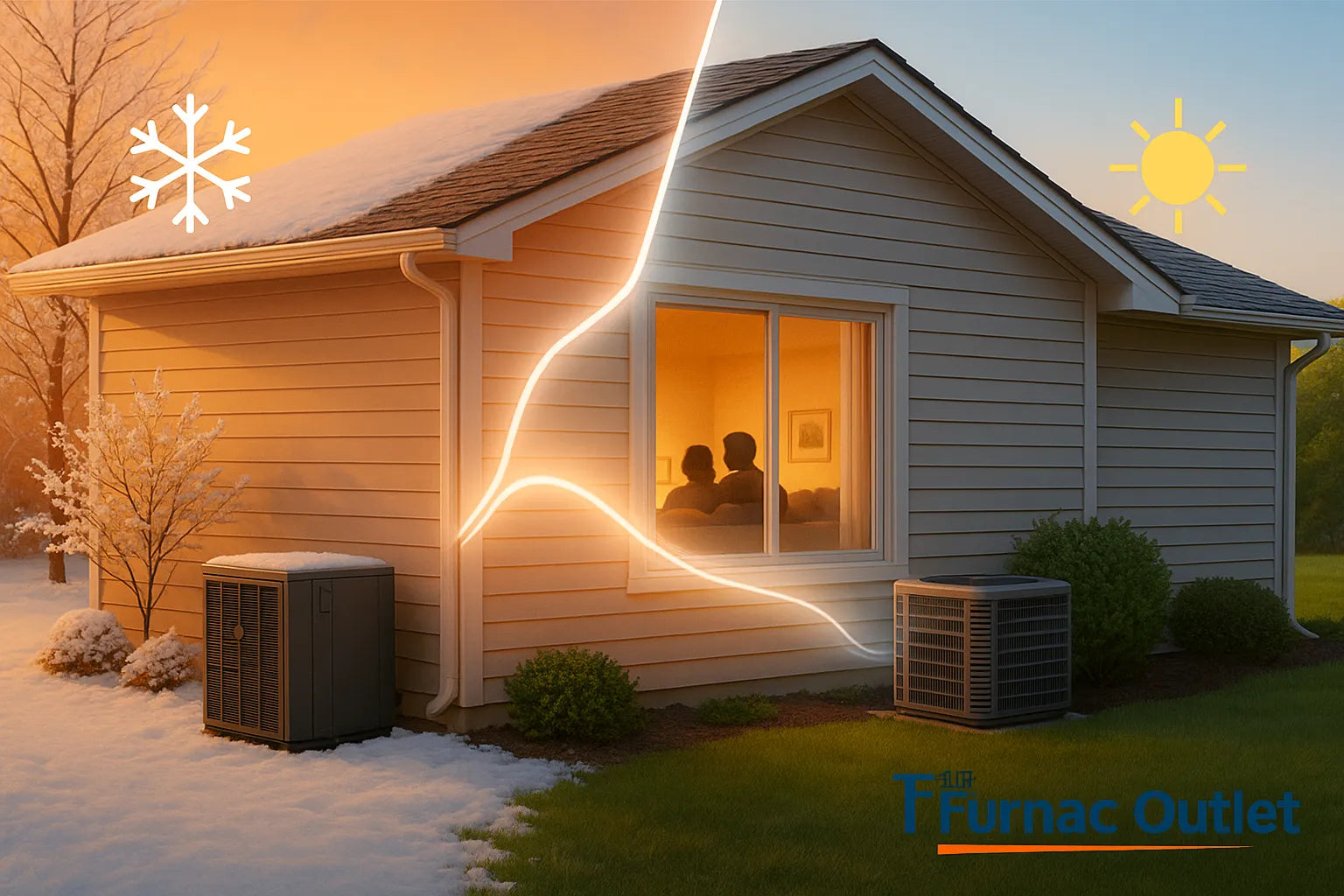 Split-scene suburban home illustrating The Furnace Outlet’s energy-efficient heating and cooling all year round.