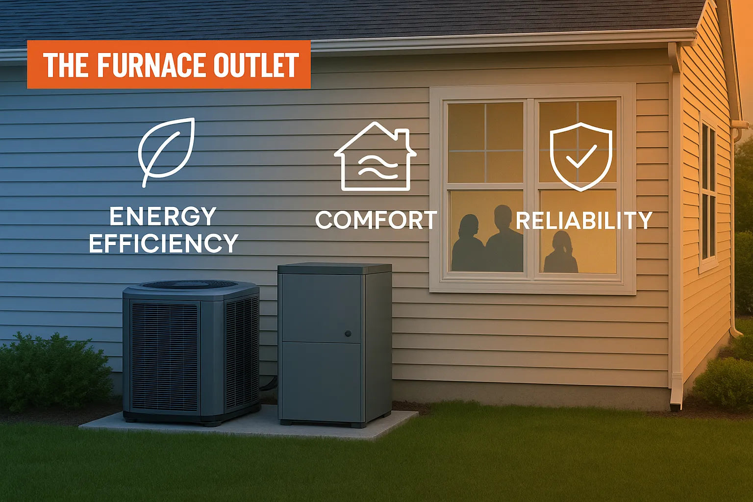 Modern suburban home with HVAC units and icons underscoring energy efficiency, comfort, and reliability for The Furnace Outlet.
