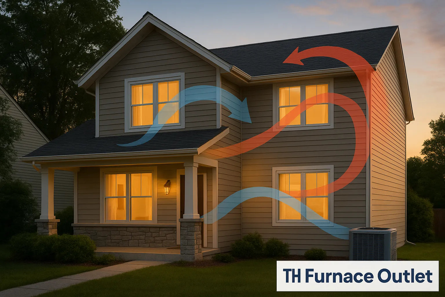 Suburban home at dusk with airflow arrows illustrating efficient heating and cooling by The Furnace Outlet.