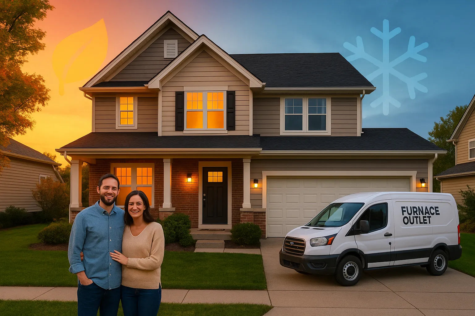 Modern suburban home at dusk split by warm orange and cool blue hues, with smiling homeowners and branded service van highlighting The Furnace Outlet’s energy-efficient heating and cooling solutions.