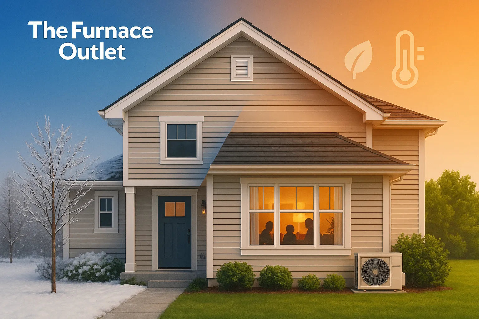 Modern suburban home split between snowy and sunny seasons, highlighting energy-efficient heating and cooling from The Furnace Outlet.