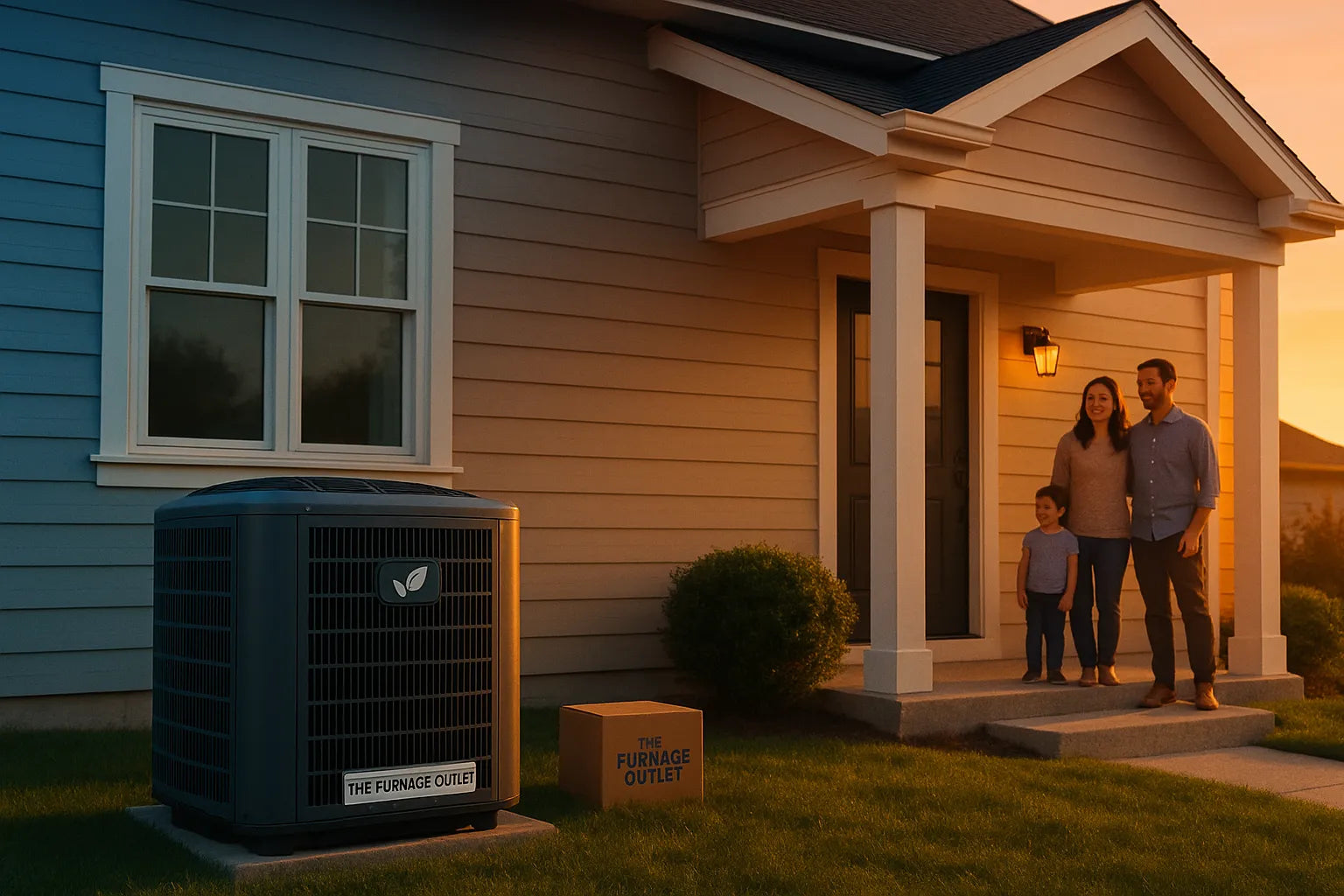 Modern suburban home at sunset with energy-efficient AC unit and family, illustrating reliable heating and cooling from The Furnace Outlet.