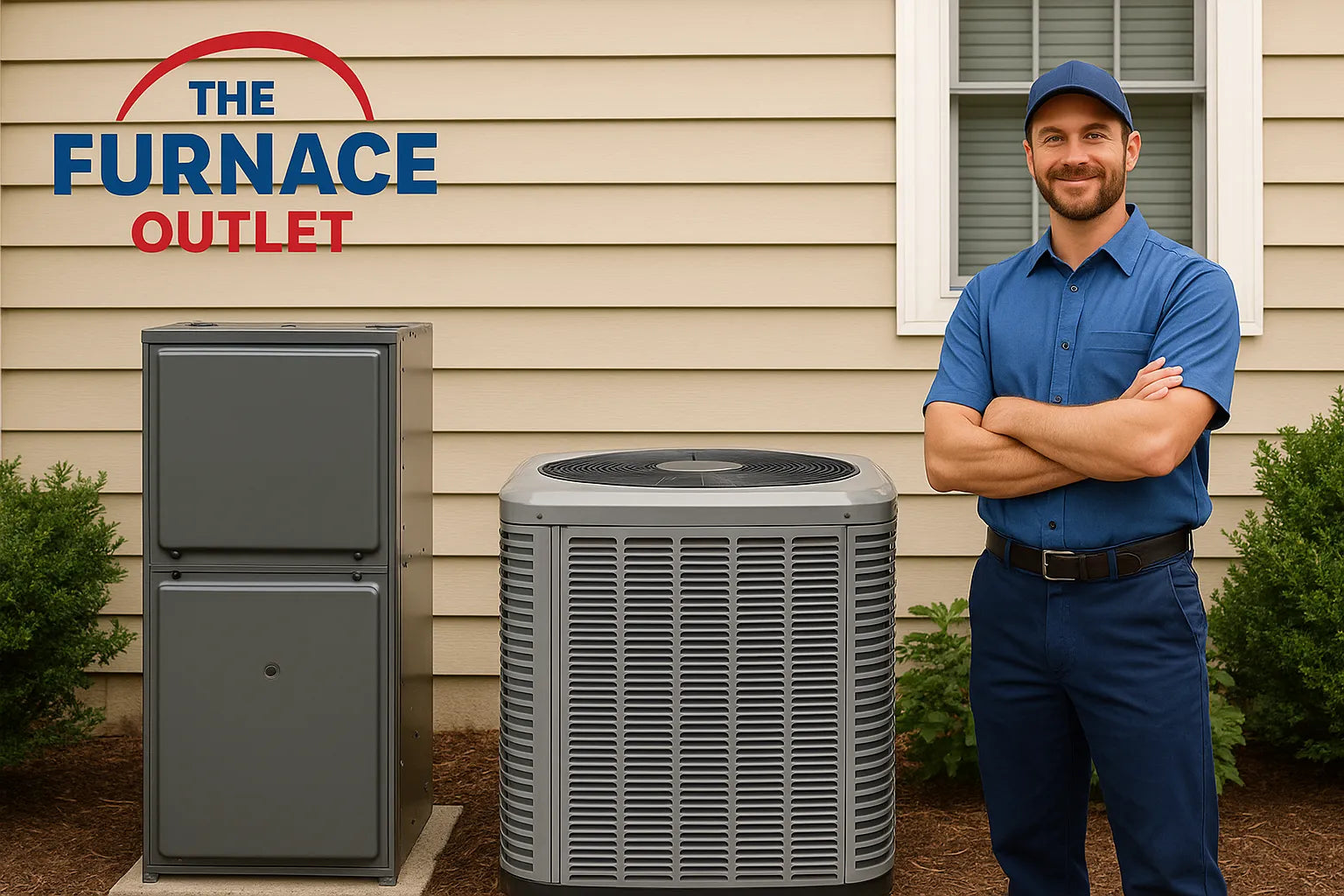 HVAC technician beside high-efficiency furnace and AC outside a suburban home for The Furnace Outlet.