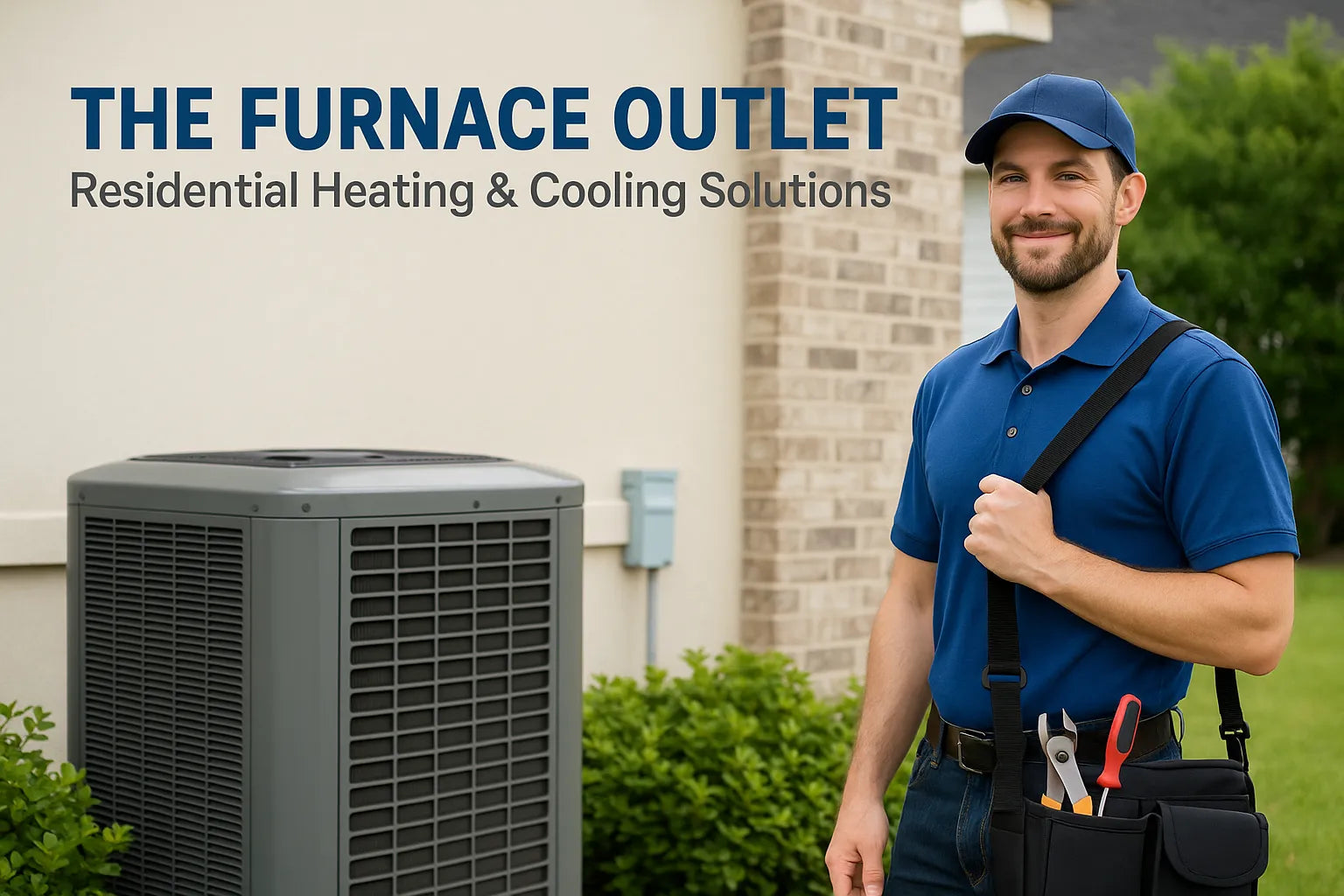 HVAC technician beside outdoor condenser unit for The Furnace Outlet, highlighting energy-efficient home cooling solutions.