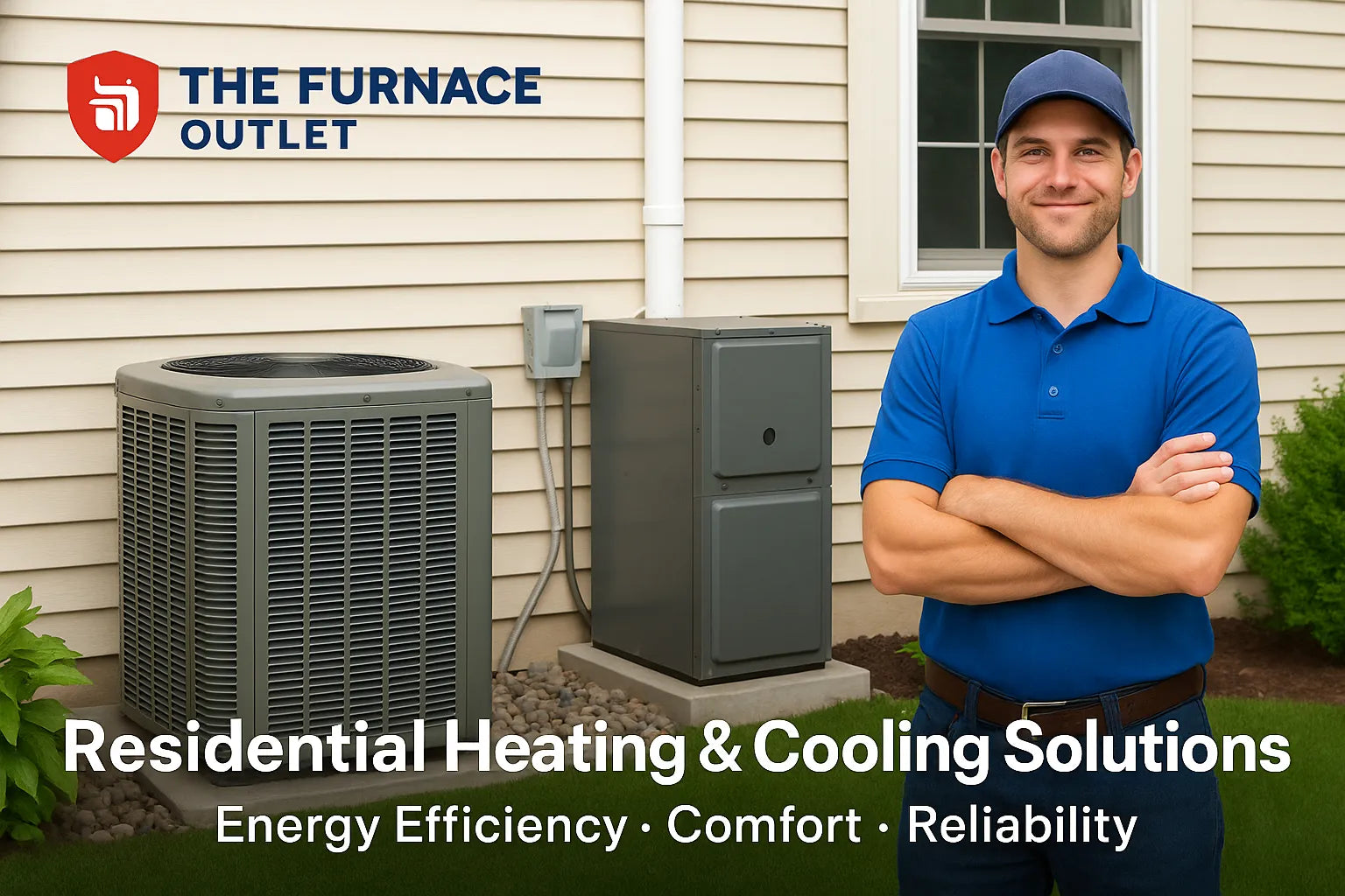 HVAC technician standing beside outdoor AC and furnace units, representing residential heating and cooling services.