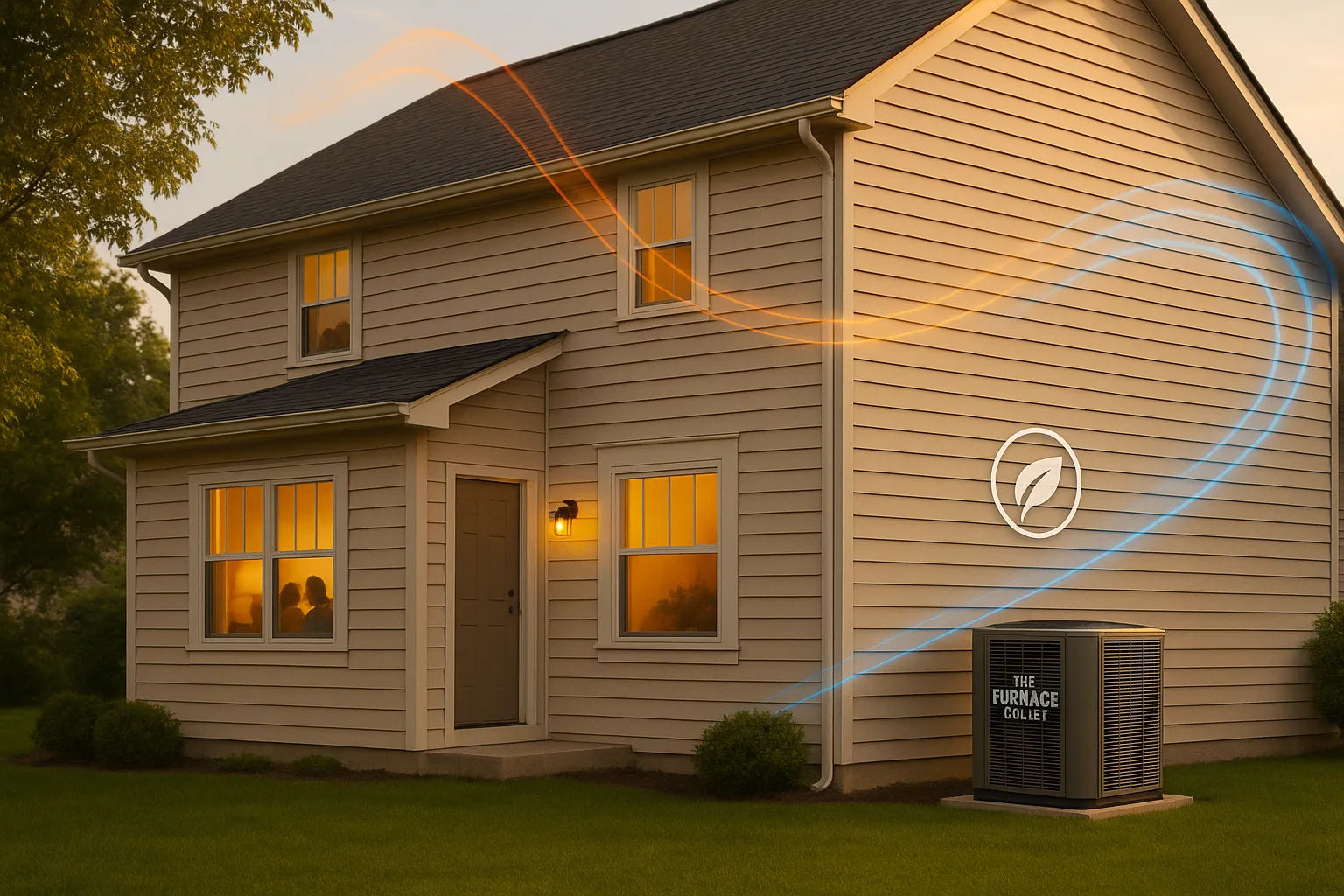 Suburban home at sunset with branded outdoor HVAC unit and flowing blue-orange air lines symbolizing efficient heating and cooling.