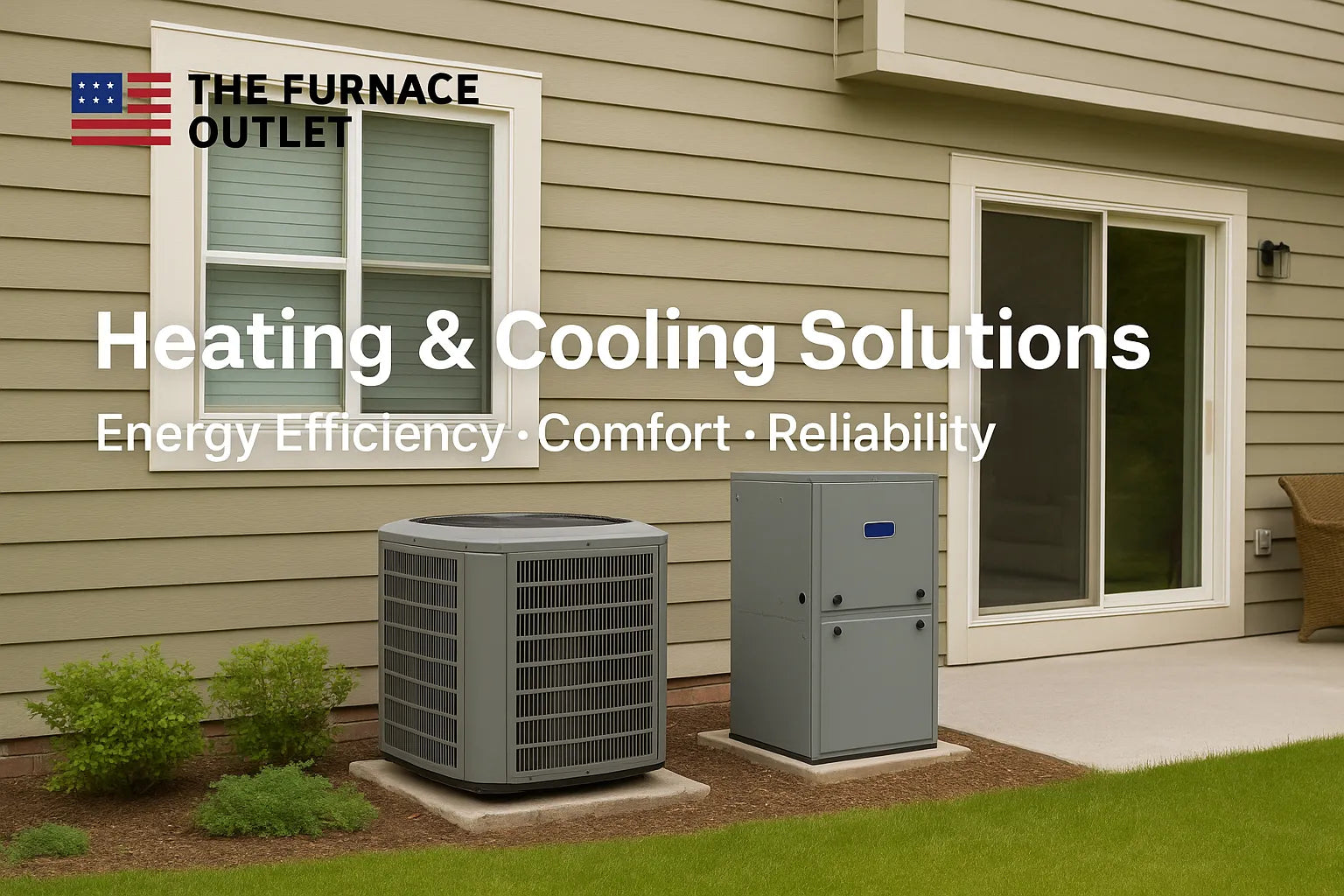 Outdoor heat pump and furnace beside a suburban home, showing energy-efficient HVAC setup.