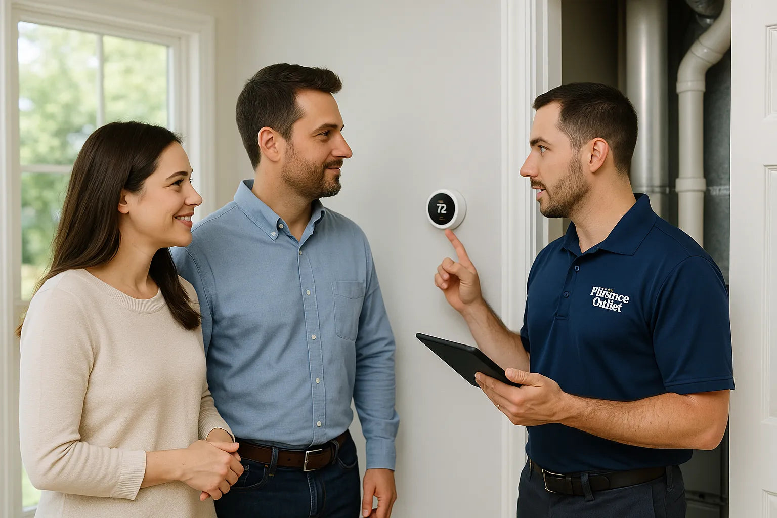 Homeowners review a smart thermostat with an HVAC technician in front of a modern furnace, illustrating humidity-control sizing and improved home comfort.