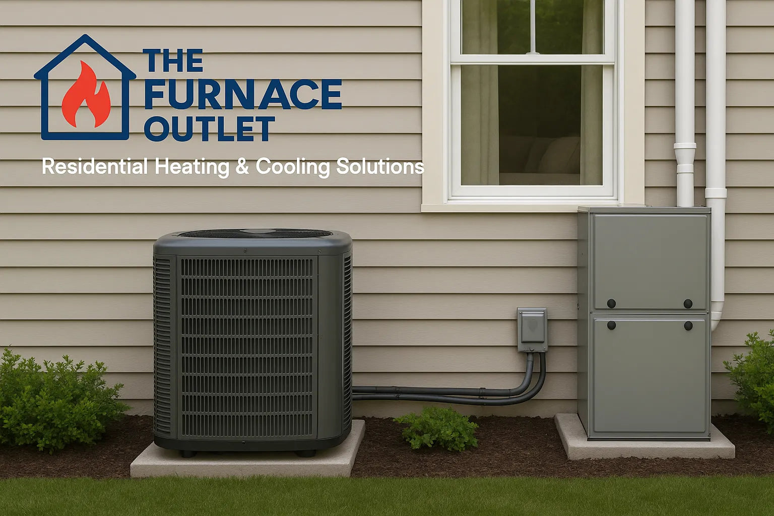 Outdoor HVAC units beside a suburban home with The Furnace Outlet branding and tagline.