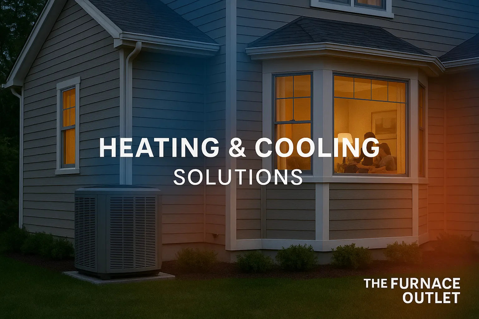 Suburban home at dusk with high-efficiency HVAC unit outside and warm, cozy lighting inside, conveying trustworthy heating-and-cooling comfort.