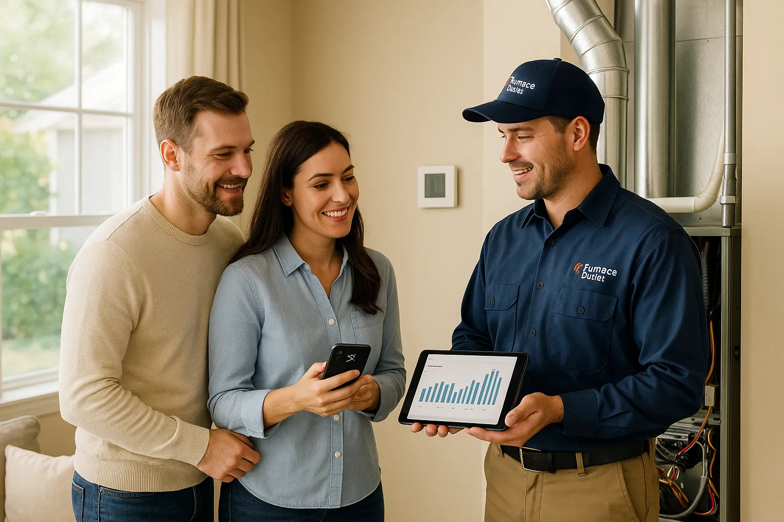 Homeowners consult with a friendly Furnace Outlet technician beside an open high-efficiency furnace in a bright, sun-lit living room, reviewing energy-savings data on a tablet.