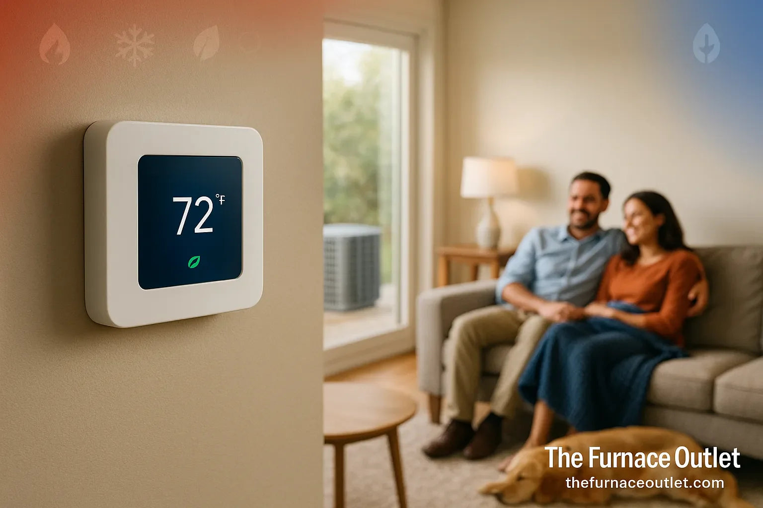 Sunlit living room with smart thermostat at 72°F and a quiet heat pump outside, conveying reliable, efficient home comfort by The Furnace Outlet.