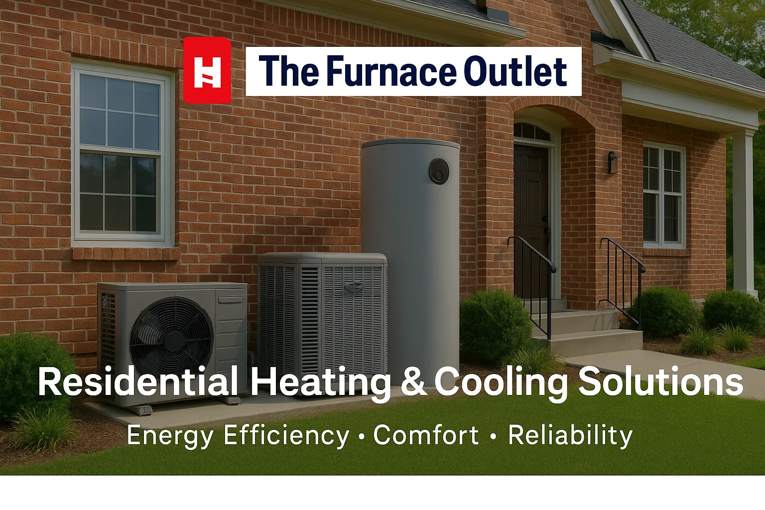 Outdoor view of an HVAC system beside a windowed home, promoting energy-efficient heating and cooling.