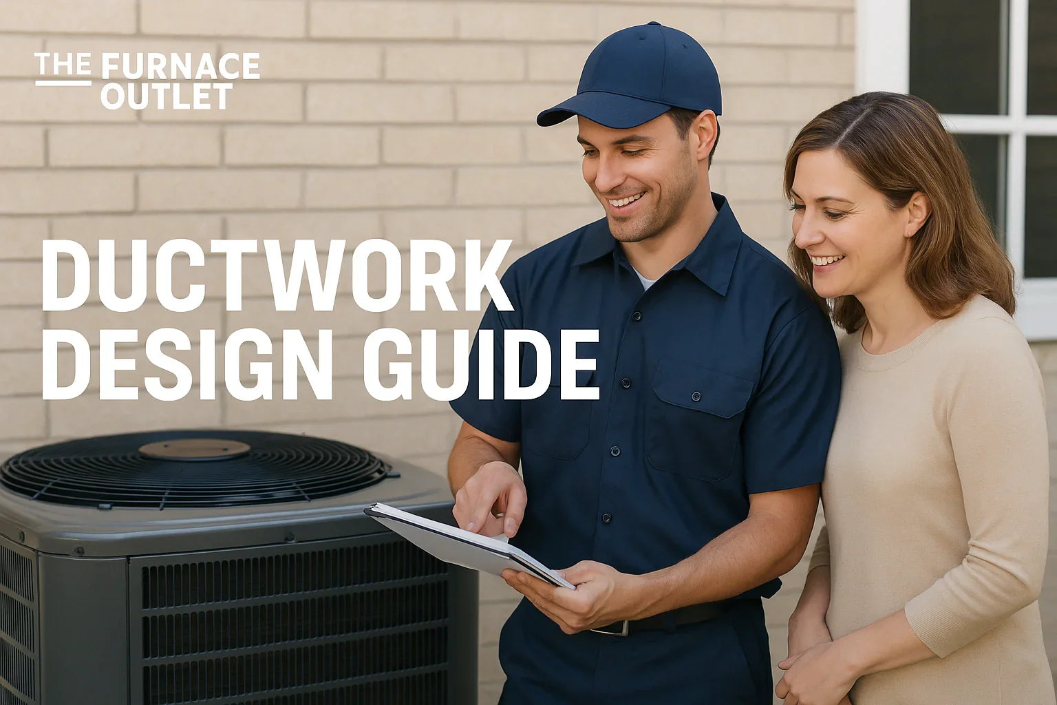 HVAC technician and homeowner reviewing AC unit plans outside a home.