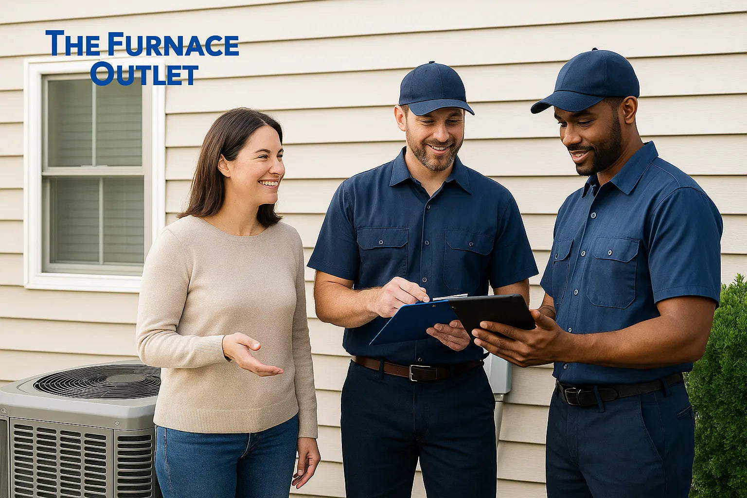 A photograph shows two HVAC technicians and a female homeowner standing beside a backyard air conditioning unit, discussing service options.