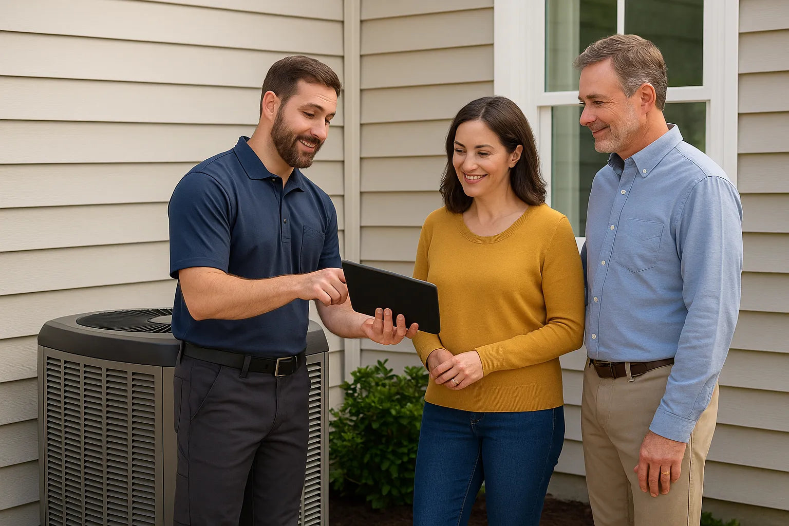 HVAC technician shows upgrade options to smiling homeowners next to an outdoor AC unit.