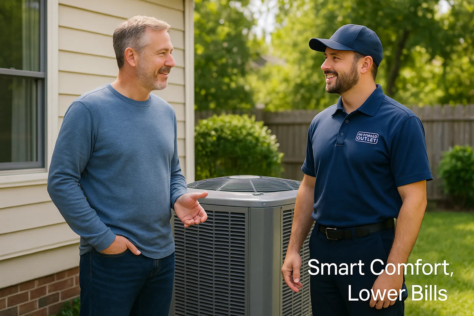 Homeowner chats with a friendly HVAC technician beside an outdoor condenser unit in a sun-lit suburban yard, conveying trust and energy-efficiency guidance.